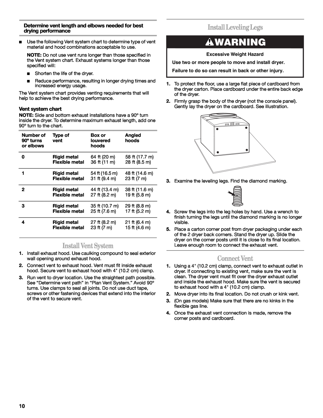 Whirlpool 8578901 manual Install VentSystem, Install LevelingLegs, ConnectVent, Vent system chart, Excessive Weight Hazard 