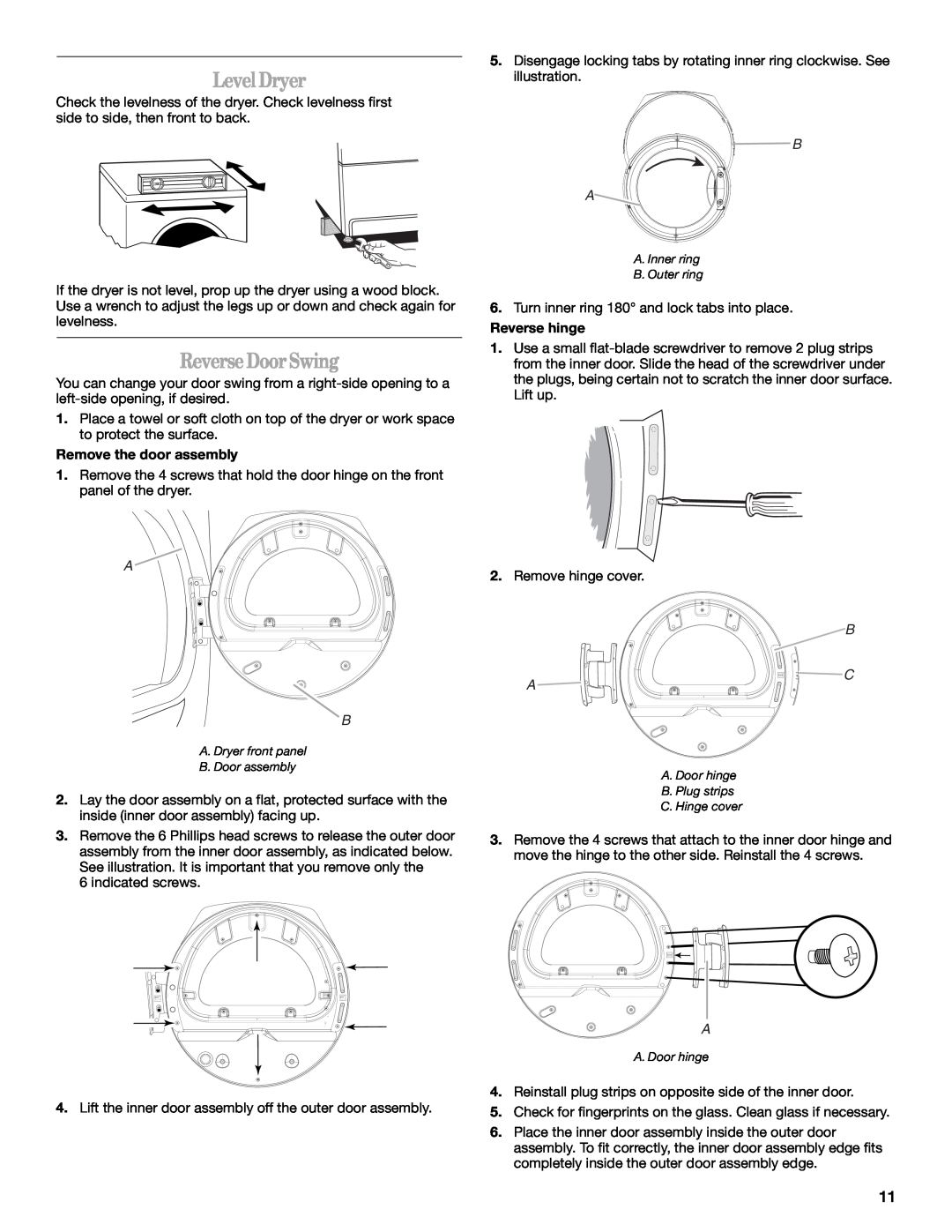 Whirlpool 8578901 manual LevelDryer, ReverseDoorSwing, B C A, Remove the door assembly, Reverse hinge 