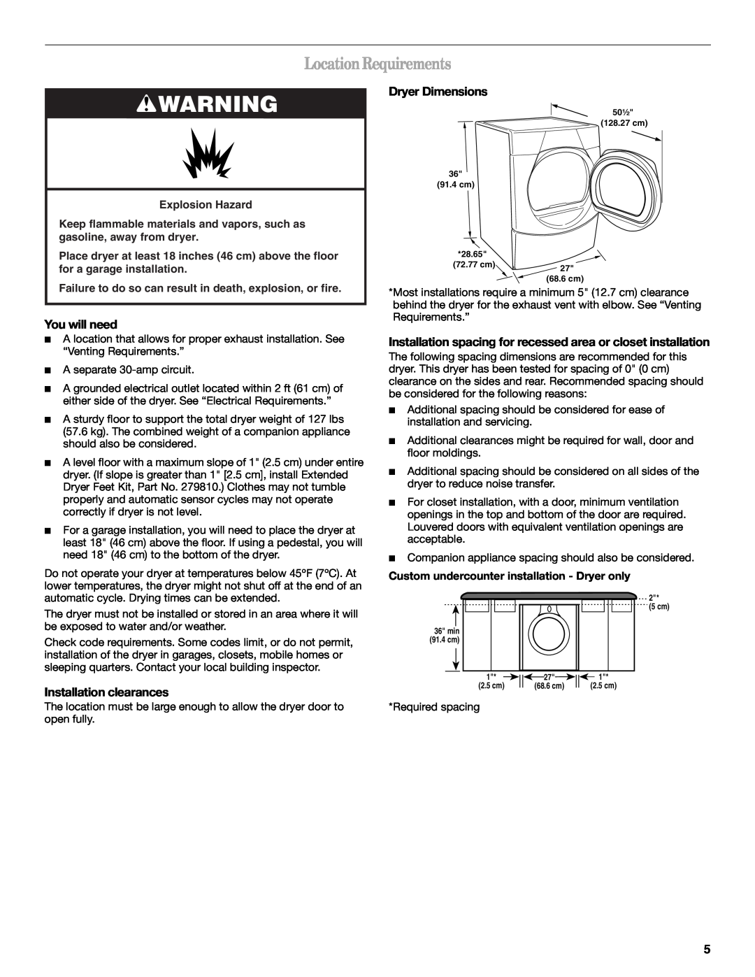 Whirlpool 8578901 manual Location Requirements, Dryer Dimensions, You will need, Installation clearances, Explosion Hazard 