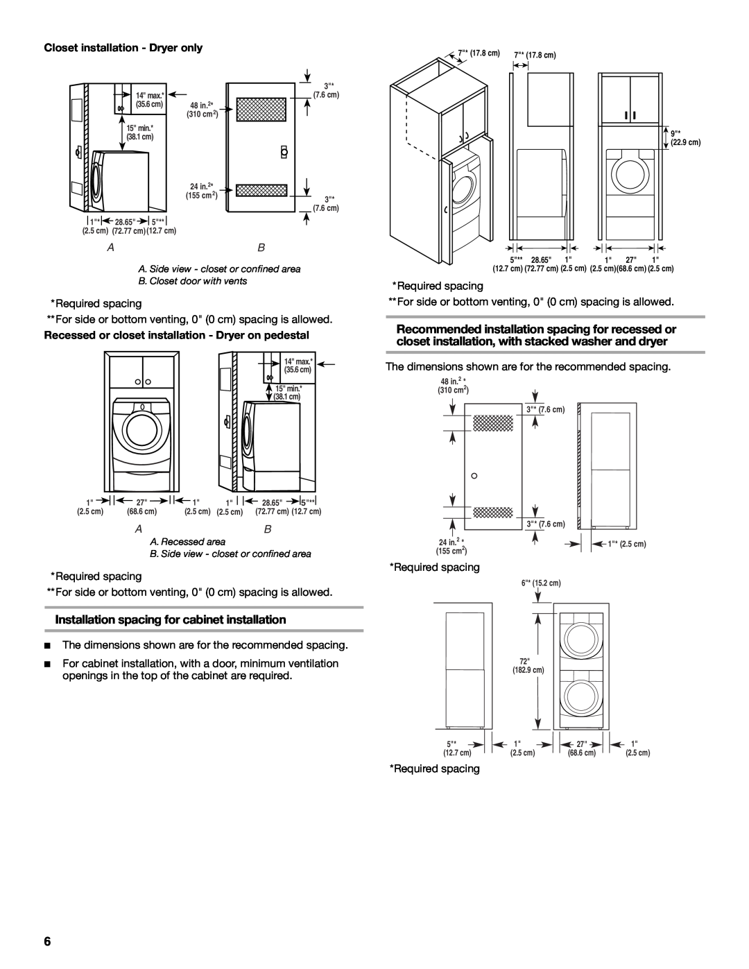 Whirlpool 8578901 Installation spacing for cabinet installation, The dimensions shown are for the recommended spacing 