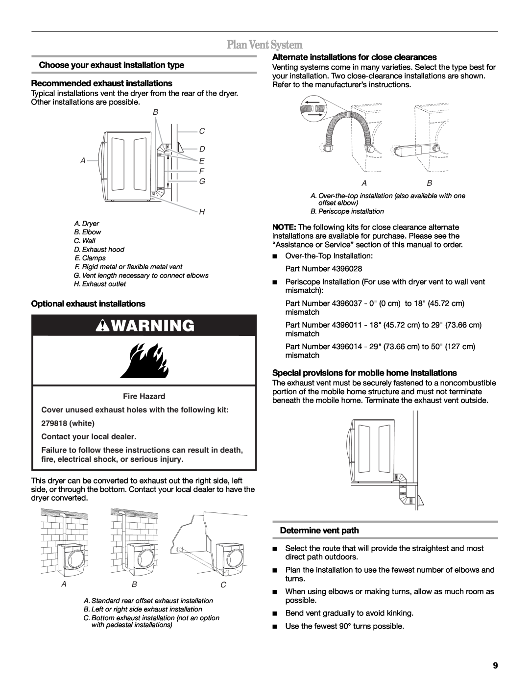 Whirlpool 8578901 manual Plan VentSystem, Choose your exhaust installation type, Recommended exhaust installations 