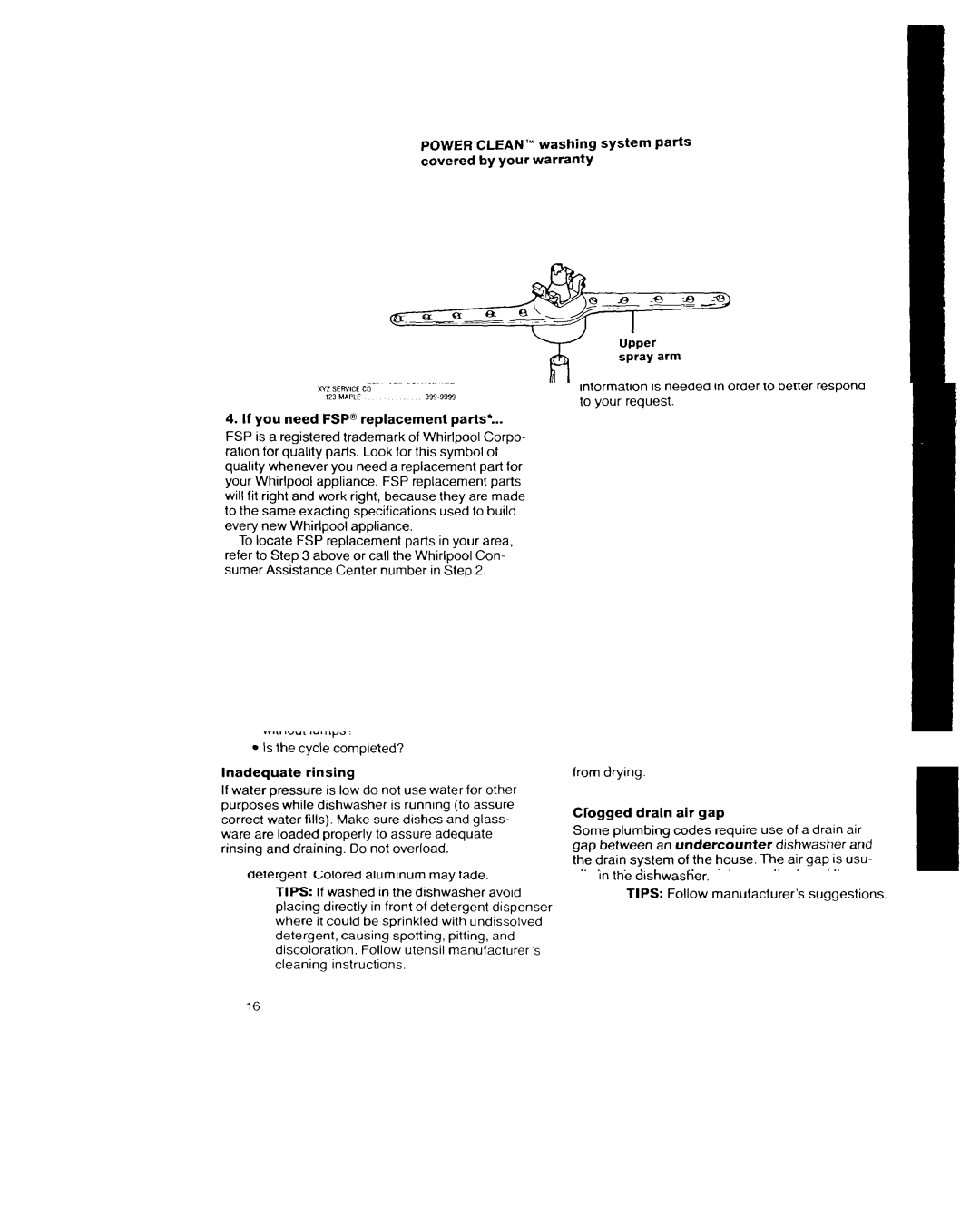 Whirlpool 8700 Series manual Power CLEAN’ washing system parts covered by your warranty, Spray 