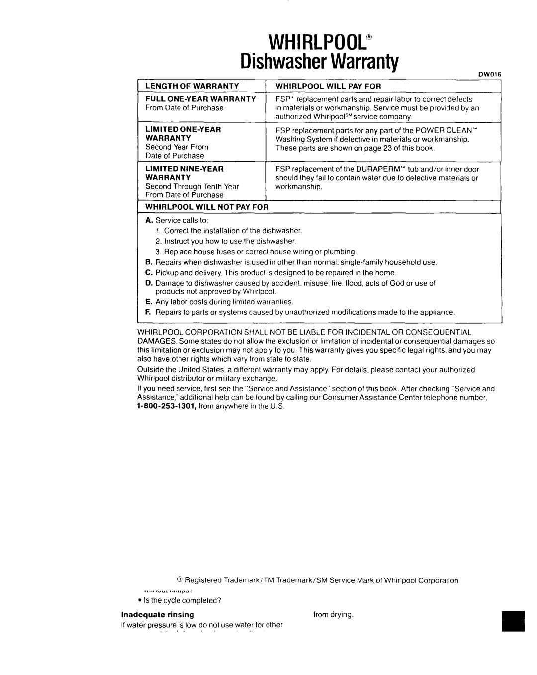 Whirlpool 8700 Series manual Repair Labor lo correct defects From, Company, Second Year From Date of Purchase 