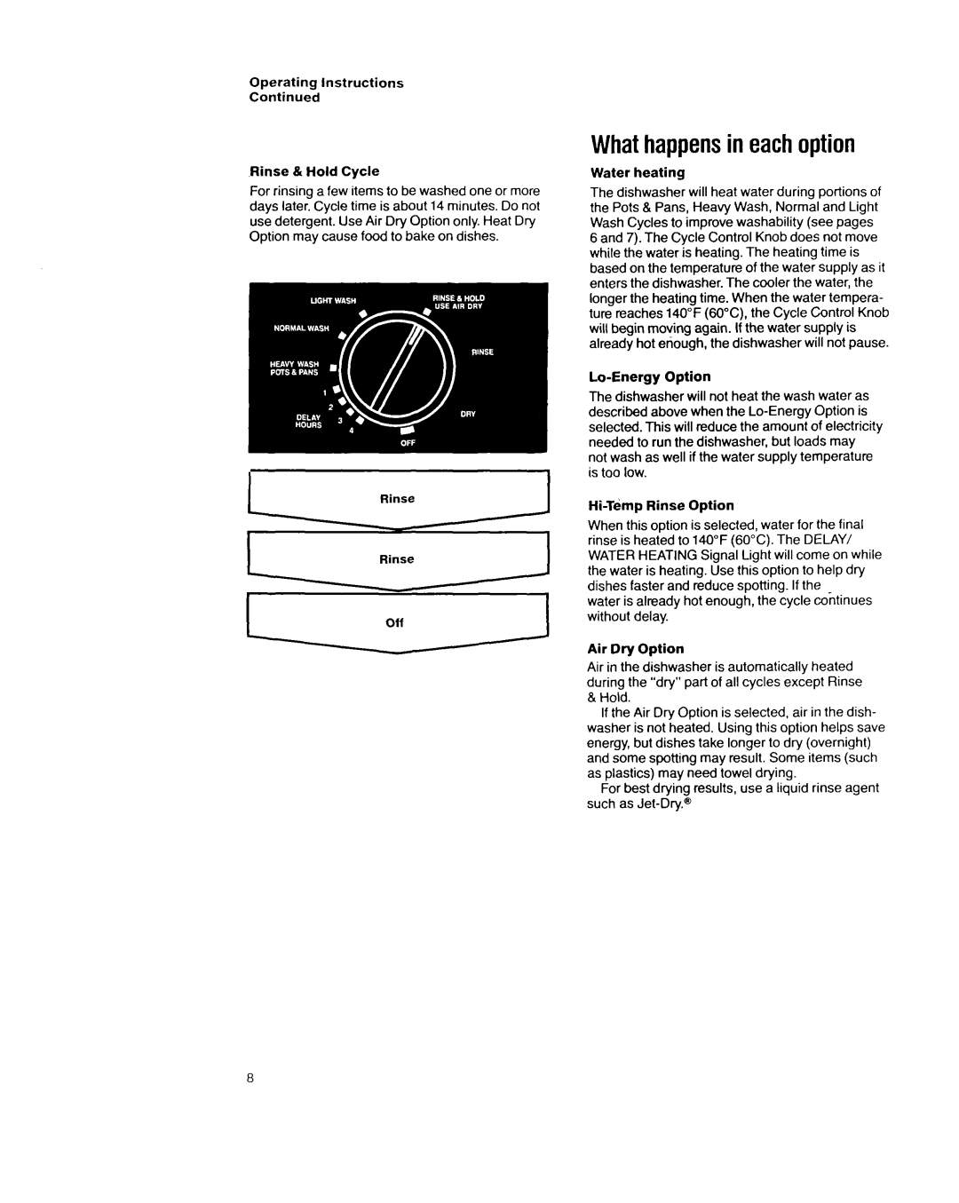 Whirlpool 8700 Series manual Whathappensin eachoption, Operating Instructions Rinse & Hold Cycle, Water heating 