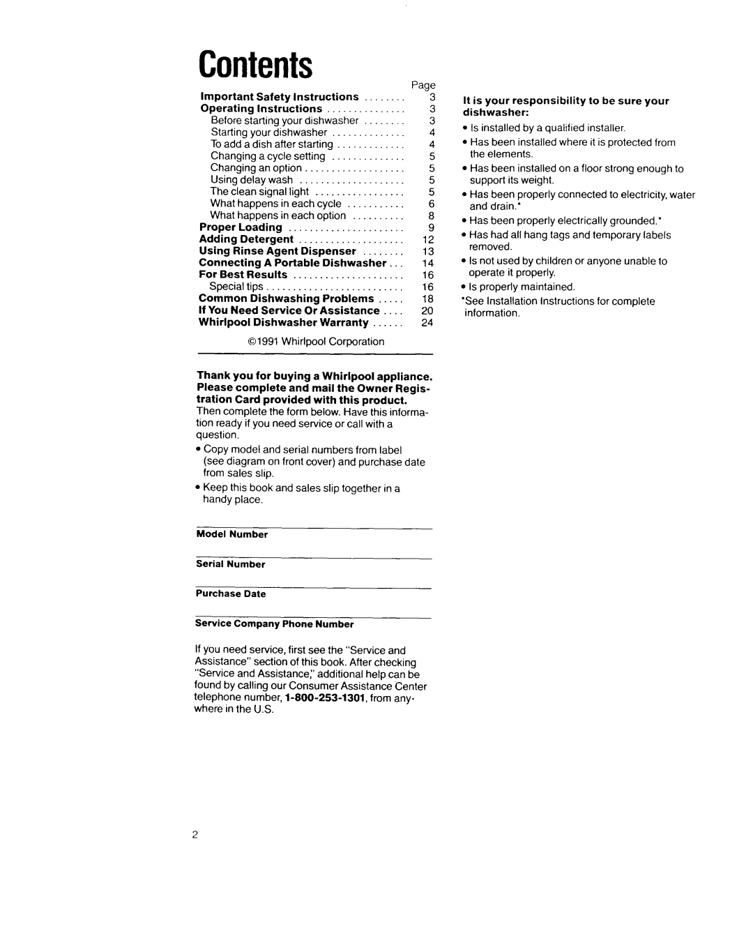 Whirlpool 8700 Series manual Contents 