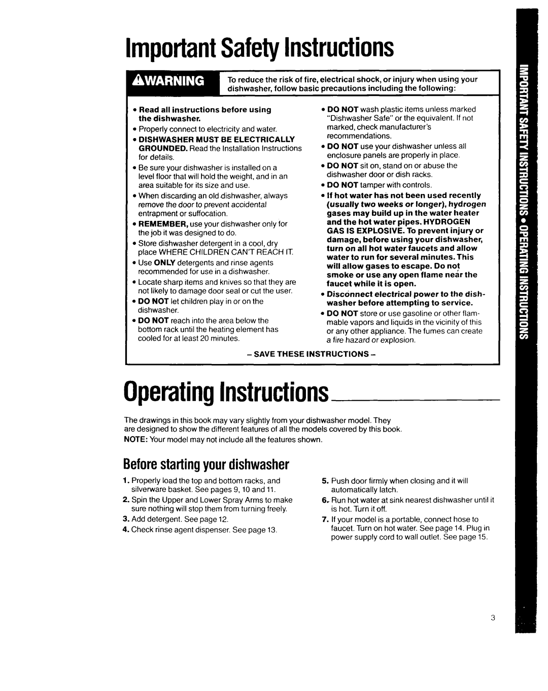 Whirlpool 8700 Series manual ImportantSafetyInstructions, OperatingInstructions, Beforestartingyour dishwasher 