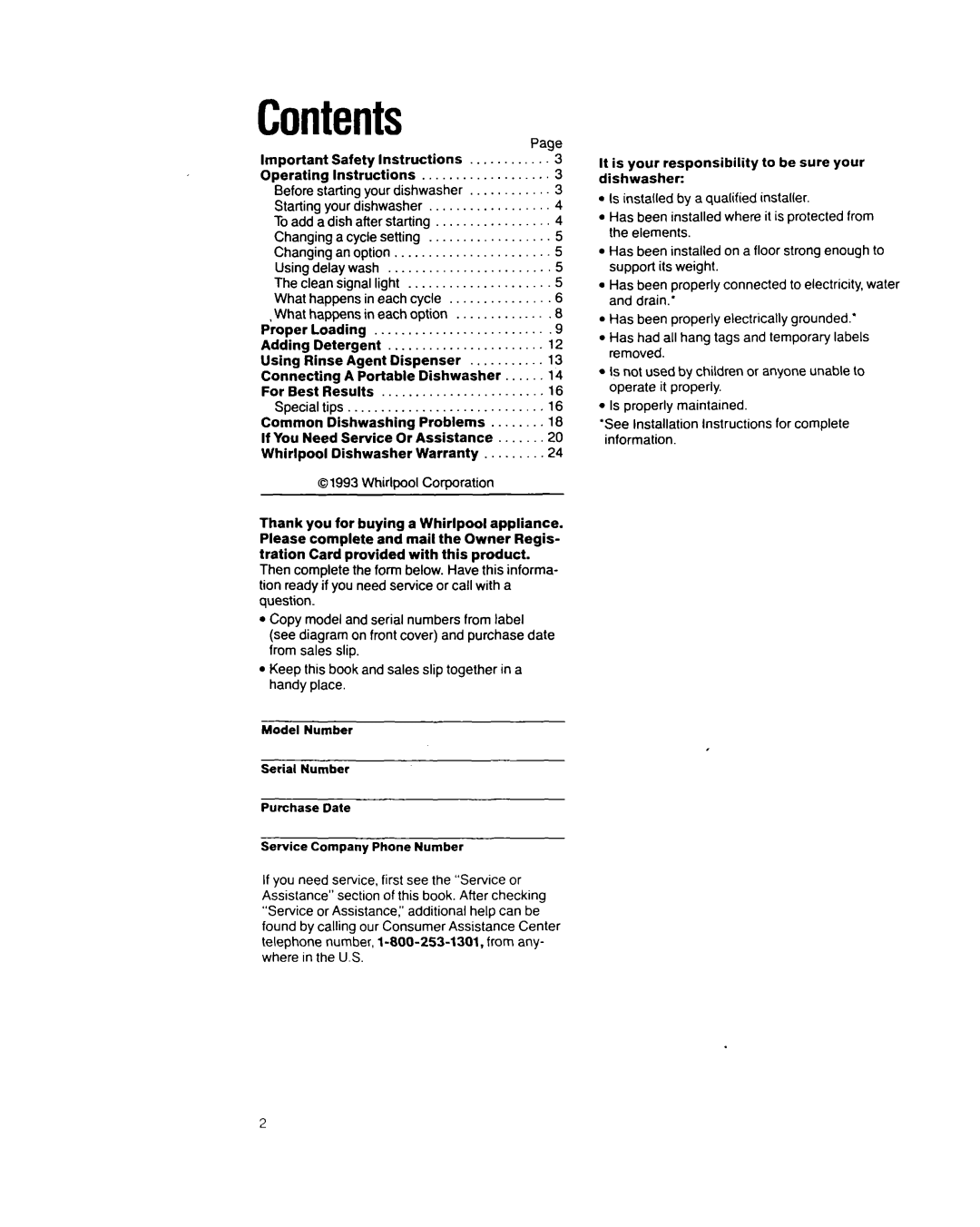 Whirlpool 8700 manual Contents 