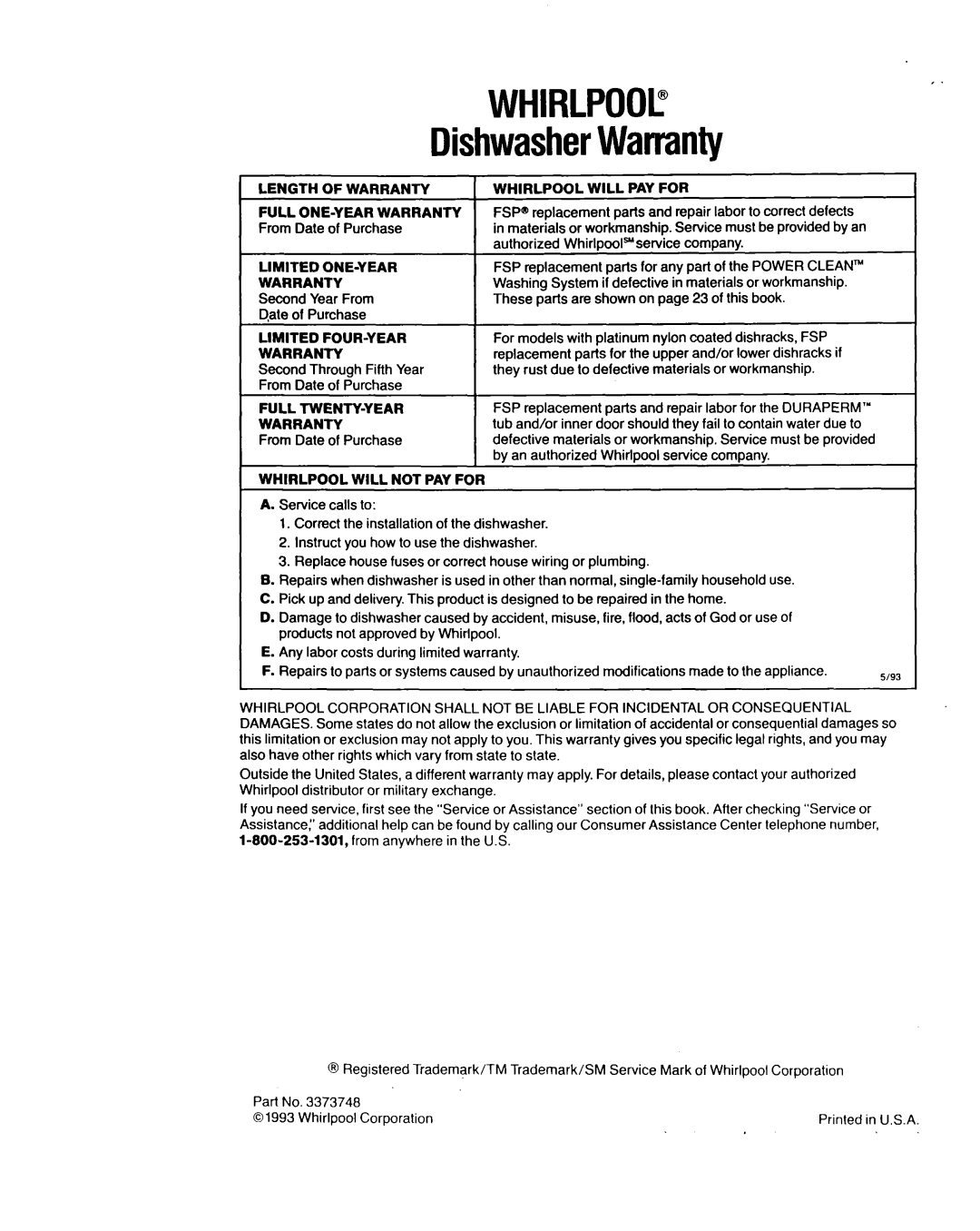 Whirlpool 8700 manual WHIRLPOOL” DishwasherWarranty 