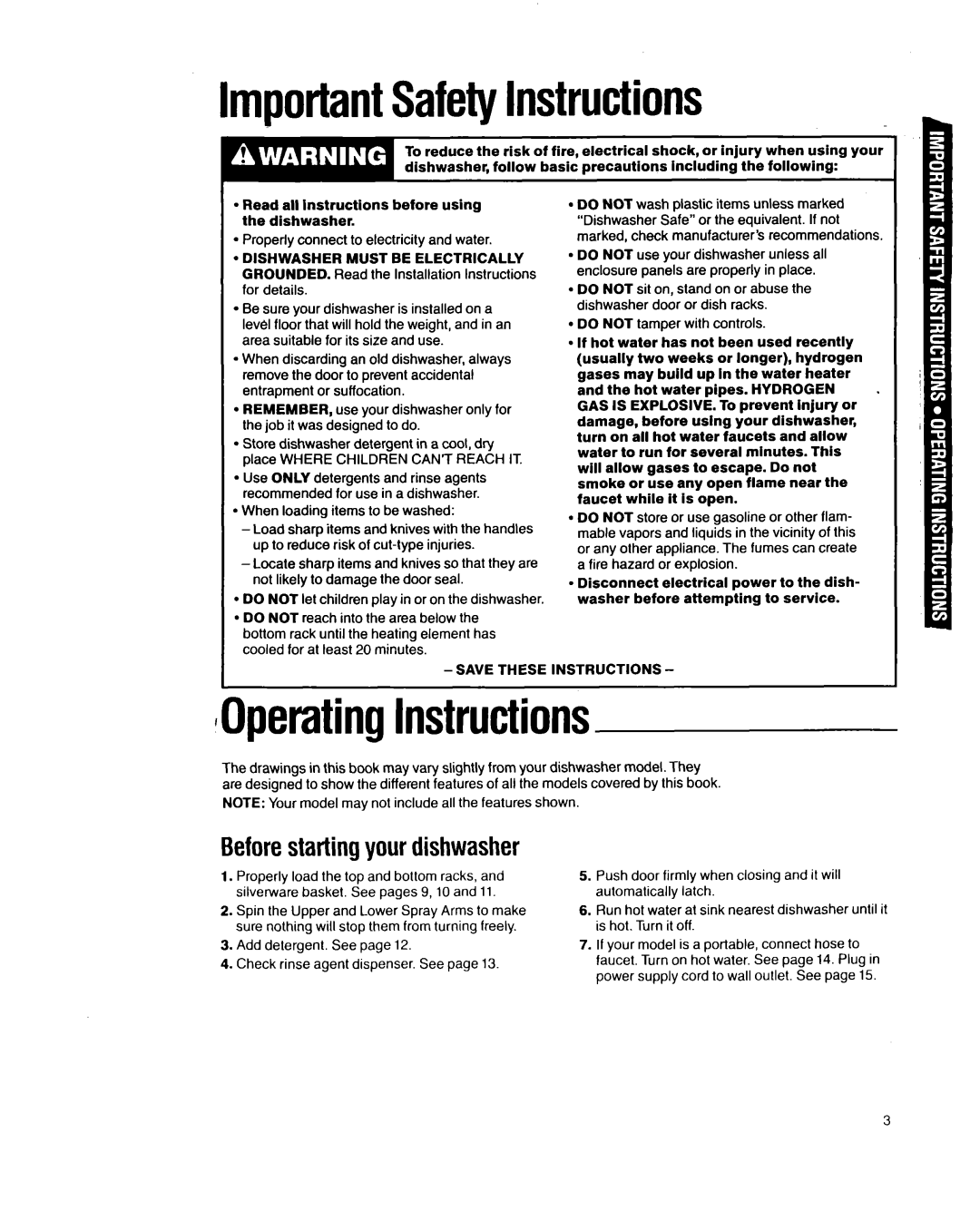 Whirlpool 8700 manual ImportantSafetyInstructions, OperatingInstructions, Beforestarting your dishwasher 