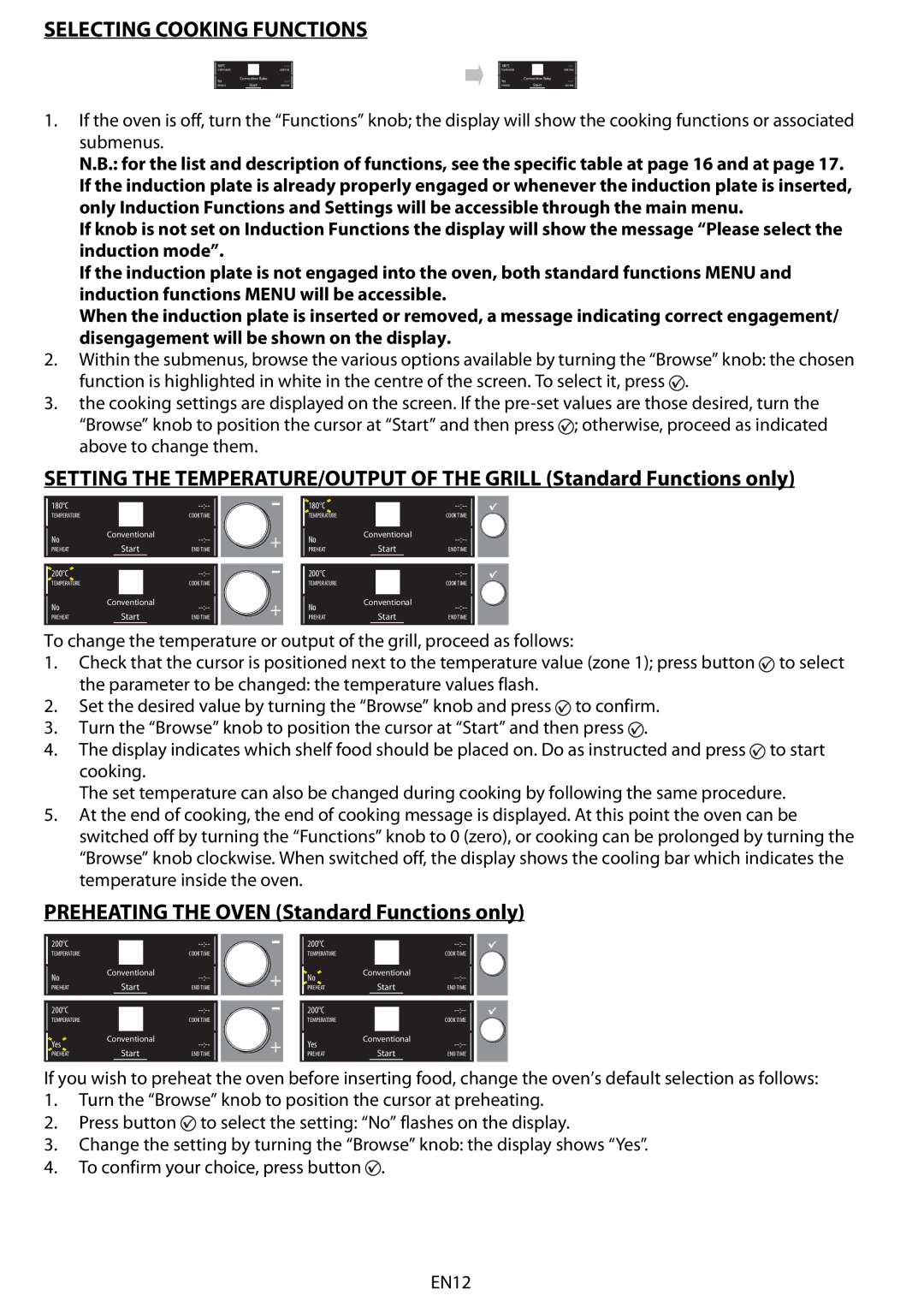 Whirlpool 8790 manuel dutilisation Selecting Cooking Functions, Preheating the Oven Standard Functions only 