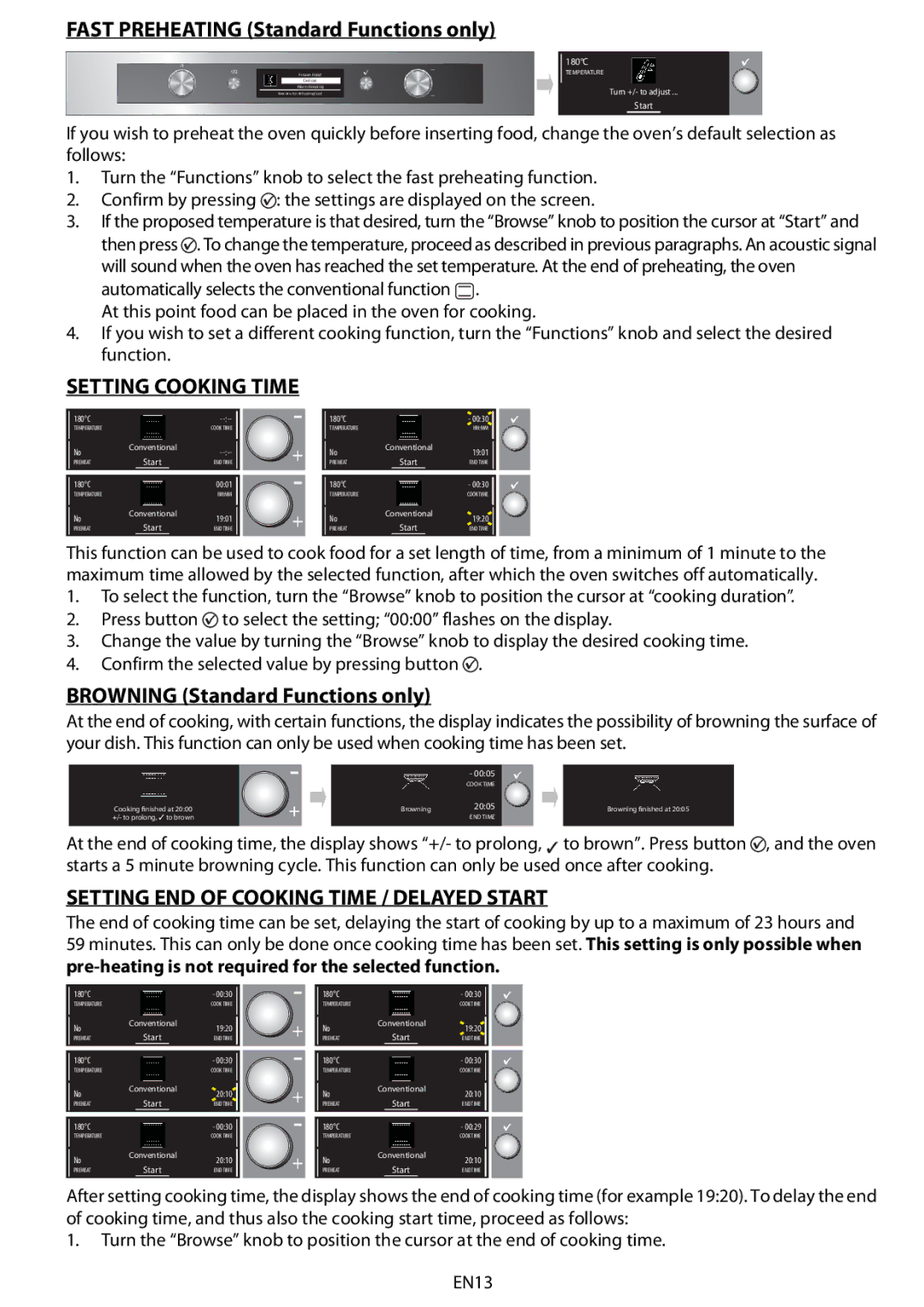 Whirlpool 8790 Fast Preheating Standard Functions only, Setting Cooking Time, Browning Standard Functions only 