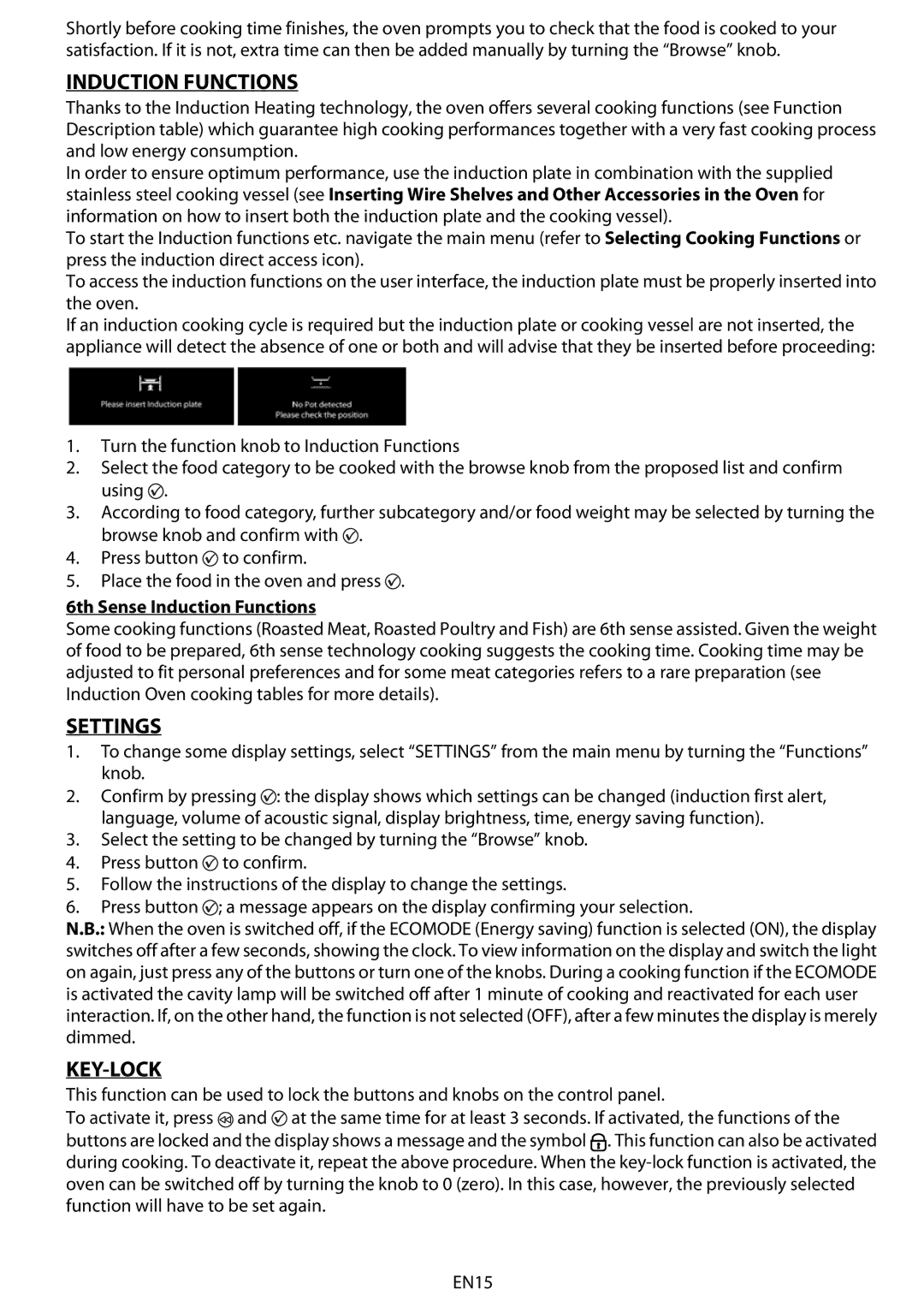 Whirlpool 8790 manuel dutilisation Settings, Key-Lock, 6th Sense Induction Functions 