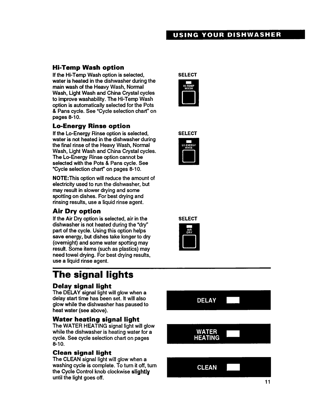 Whirlpool 8900 manual Signal lights 