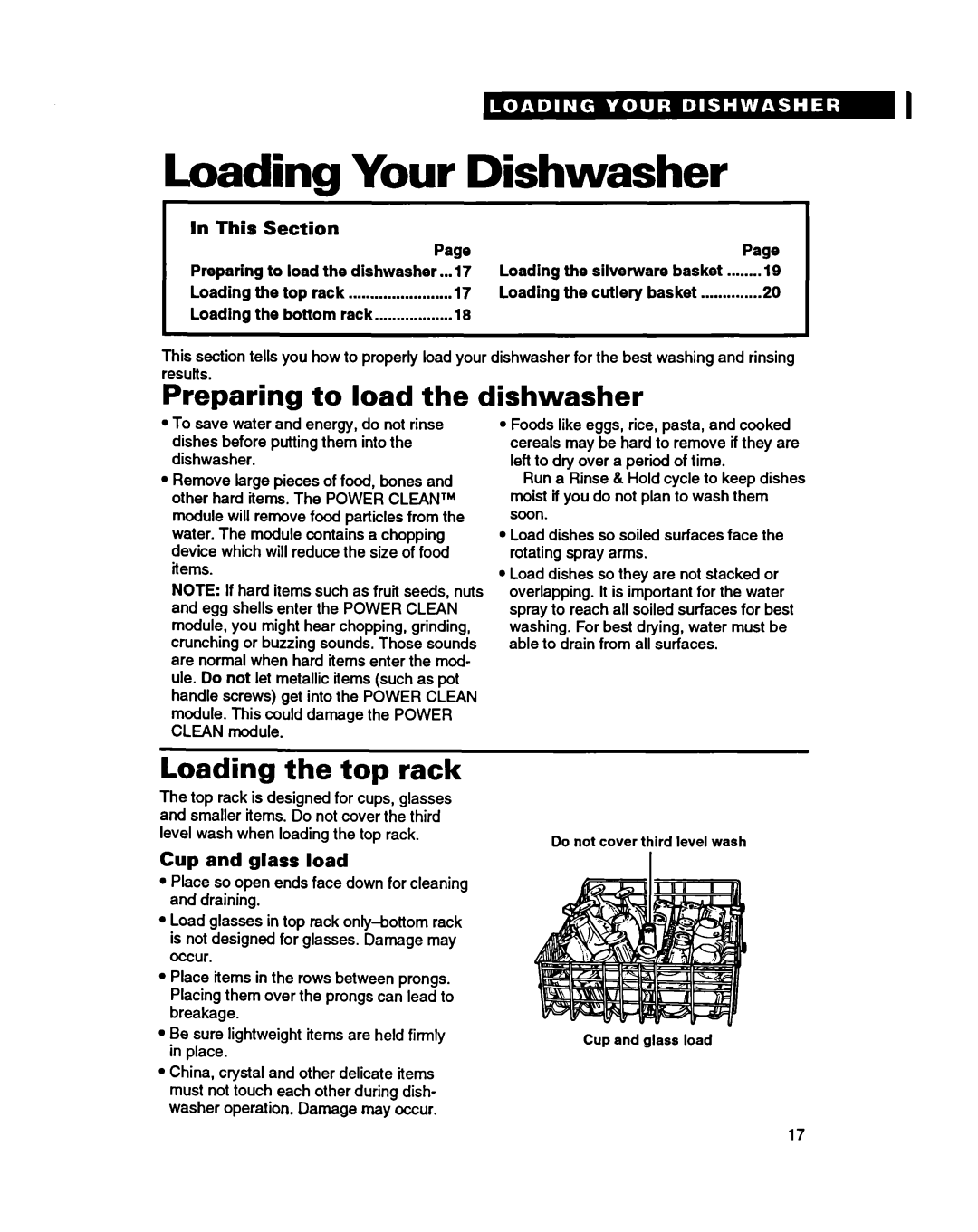 Whirlpool 8900 manual Loading Your Dishwasher, Preparing to load the dishwasher, Loading the top rack, Cup and glass load 