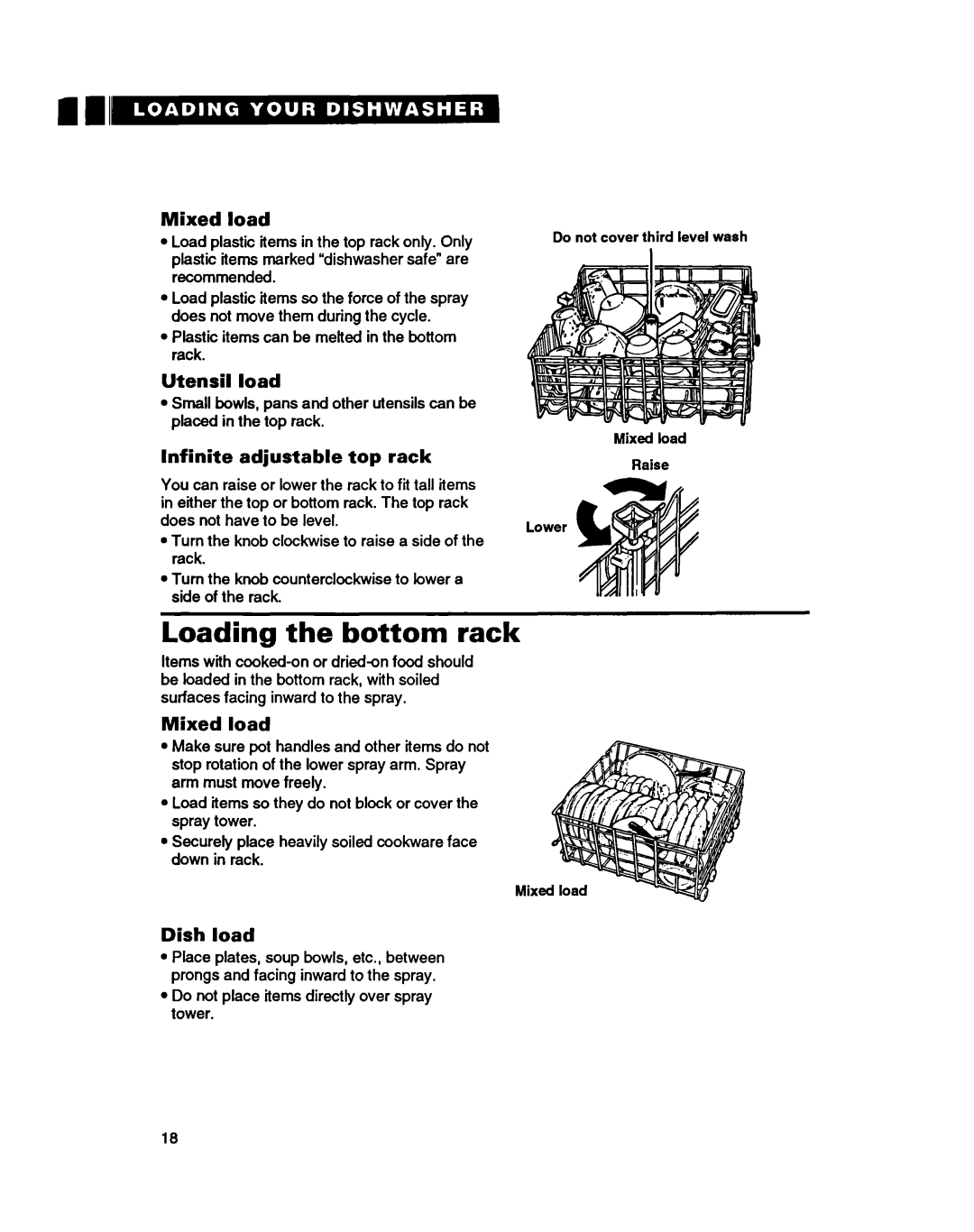 Whirlpool 8900 manual Loading the bottom rack, Mixed load, Utensil load, Infinite adjustable top rack, Dish load 