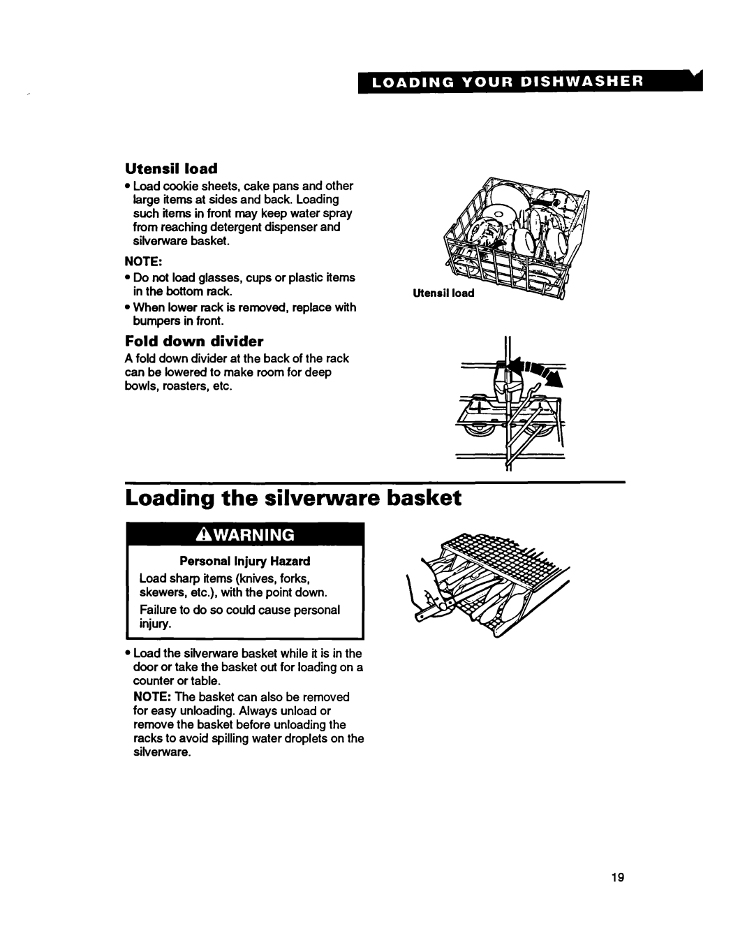 Whirlpool 8900 manual Loading the silverware basket, Fold down divider, Personal Injury Hazard 