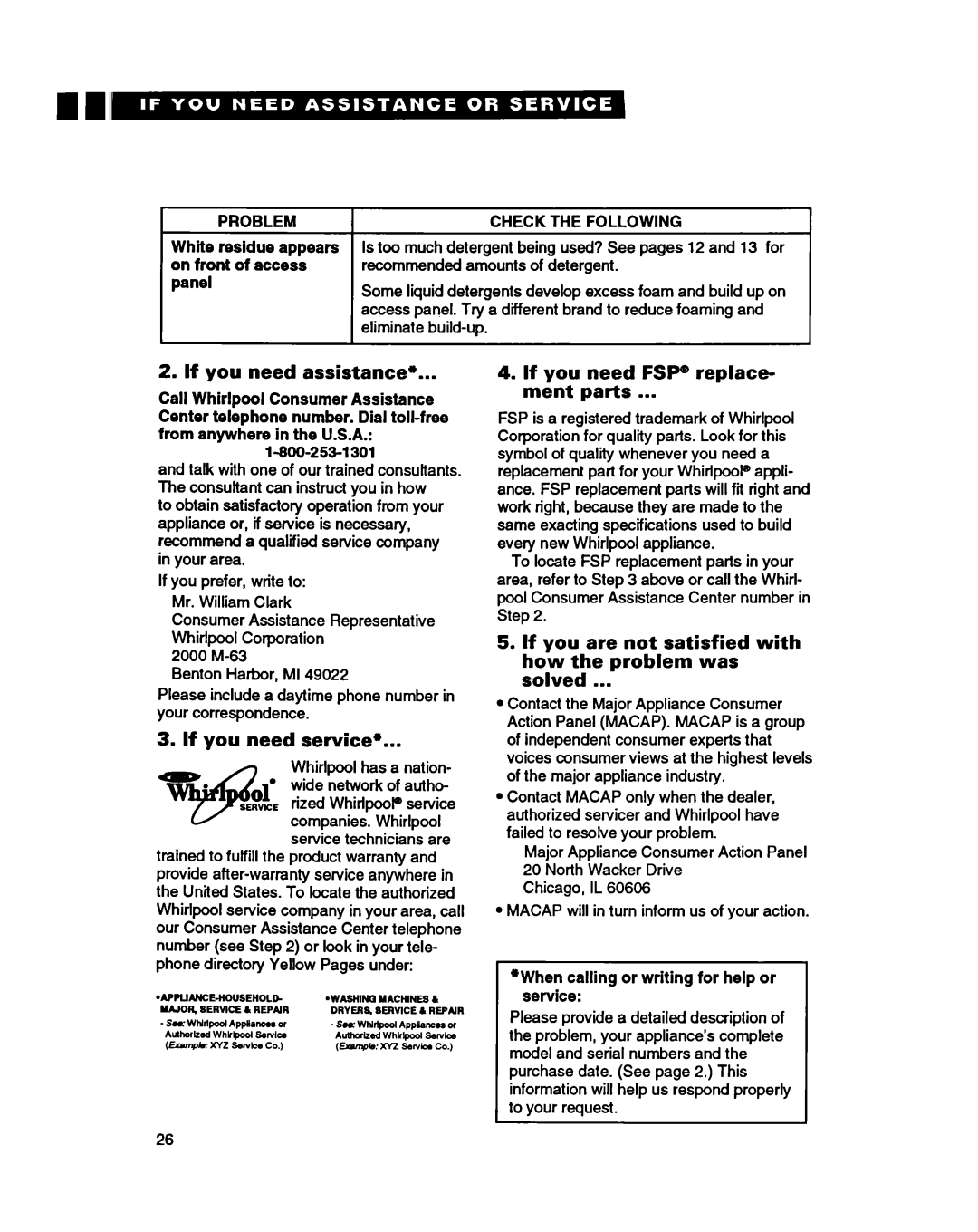 Whirlpool 8900 manual If you need assistance, If you need service, If you need FSP replace- ment parts 