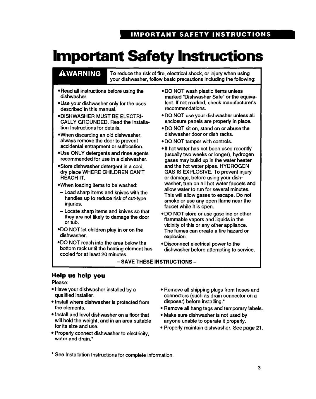 Whirlpool 8900 manual Important Safety Instructions, Help us help you 