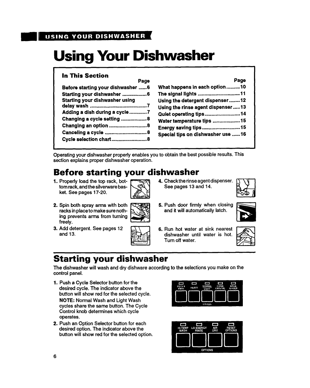 Whirlpool 8900 manual MIml~mg0 l D1 Using Your Dishwasher, Before starting your dishwasher, Starting your dishwasher 