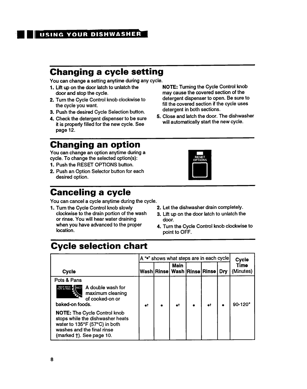 Whirlpool 8900 manual Changing a cycle setting, Changing an option, Canceling a cycle, Cycle selection chart 