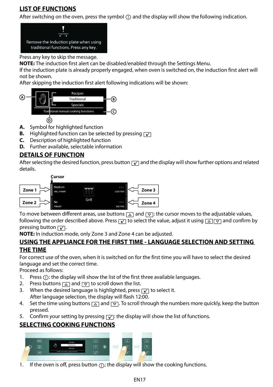 Whirlpool 8910 manual do utilizador List of Functions, Details of Function, Selecting Cooking Functions 