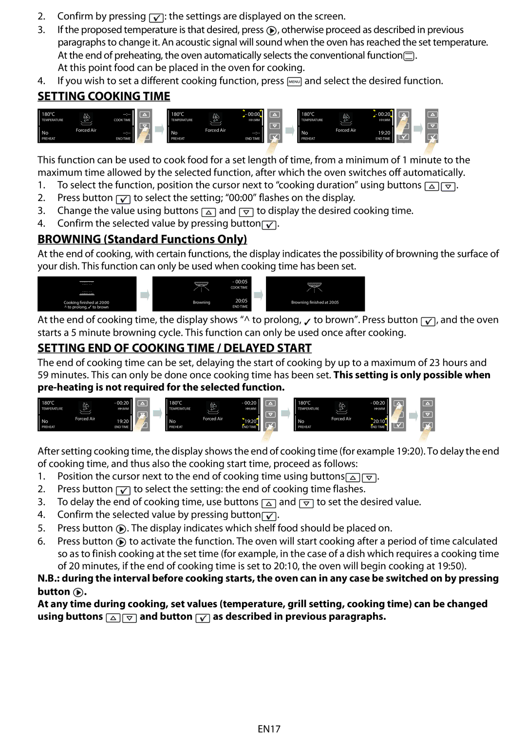 Whirlpool 8910 Setting Cooking Time, Browning Standard Functions Only, Setting END of Cooking Time / Delayed Start 