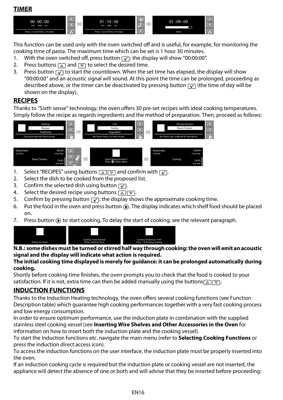 Whirlpool 8910 manual do utilizador Timer, Recipes, Induction Functions 