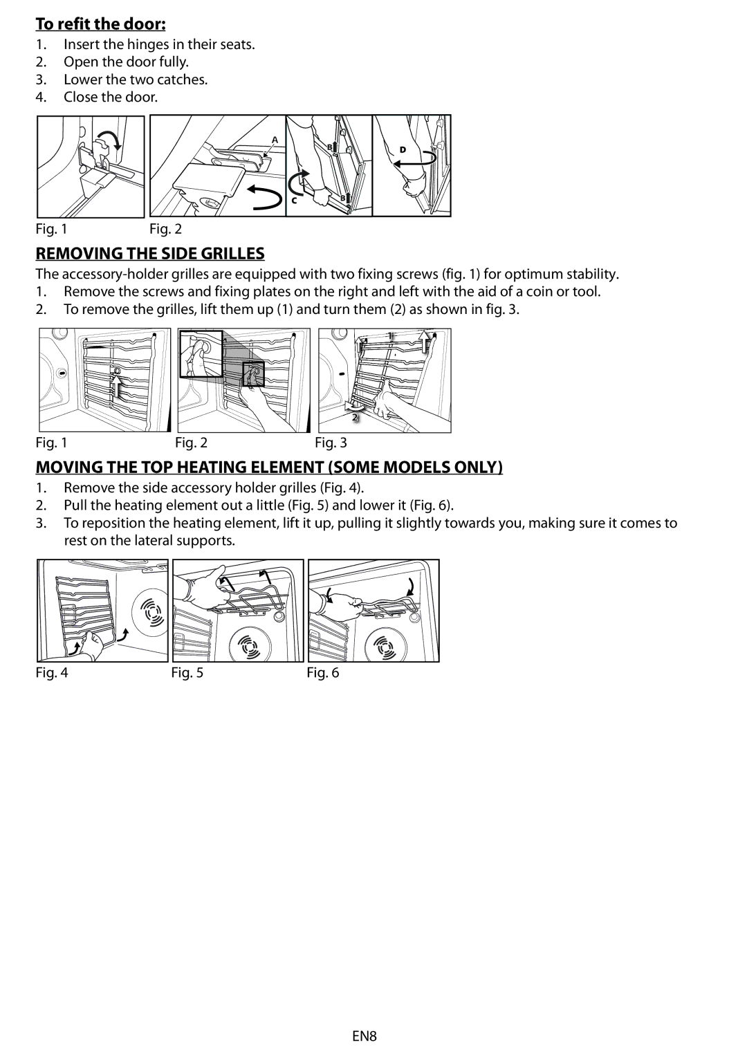 Whirlpool 8910 To refit the door, Removing the Side Grilles, Moving the TOP Heating Element Some Models only 