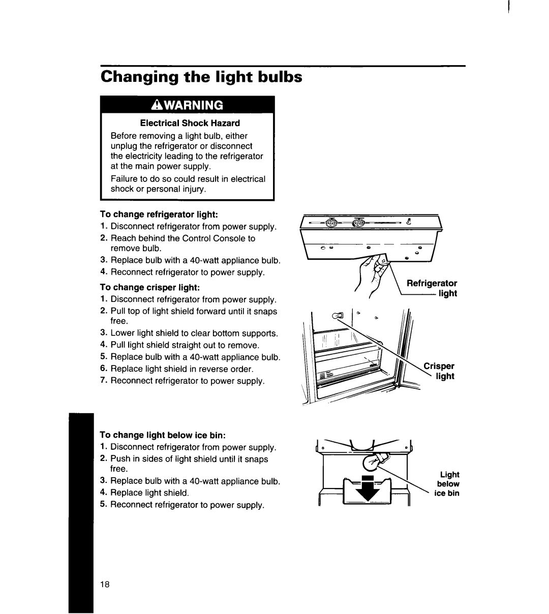 Whirlpool 3ED25DQ, 8ED22DQ, 8ED25DQ, 8ED27DQ, 3ED22DQ manual Changing the light bulbs 