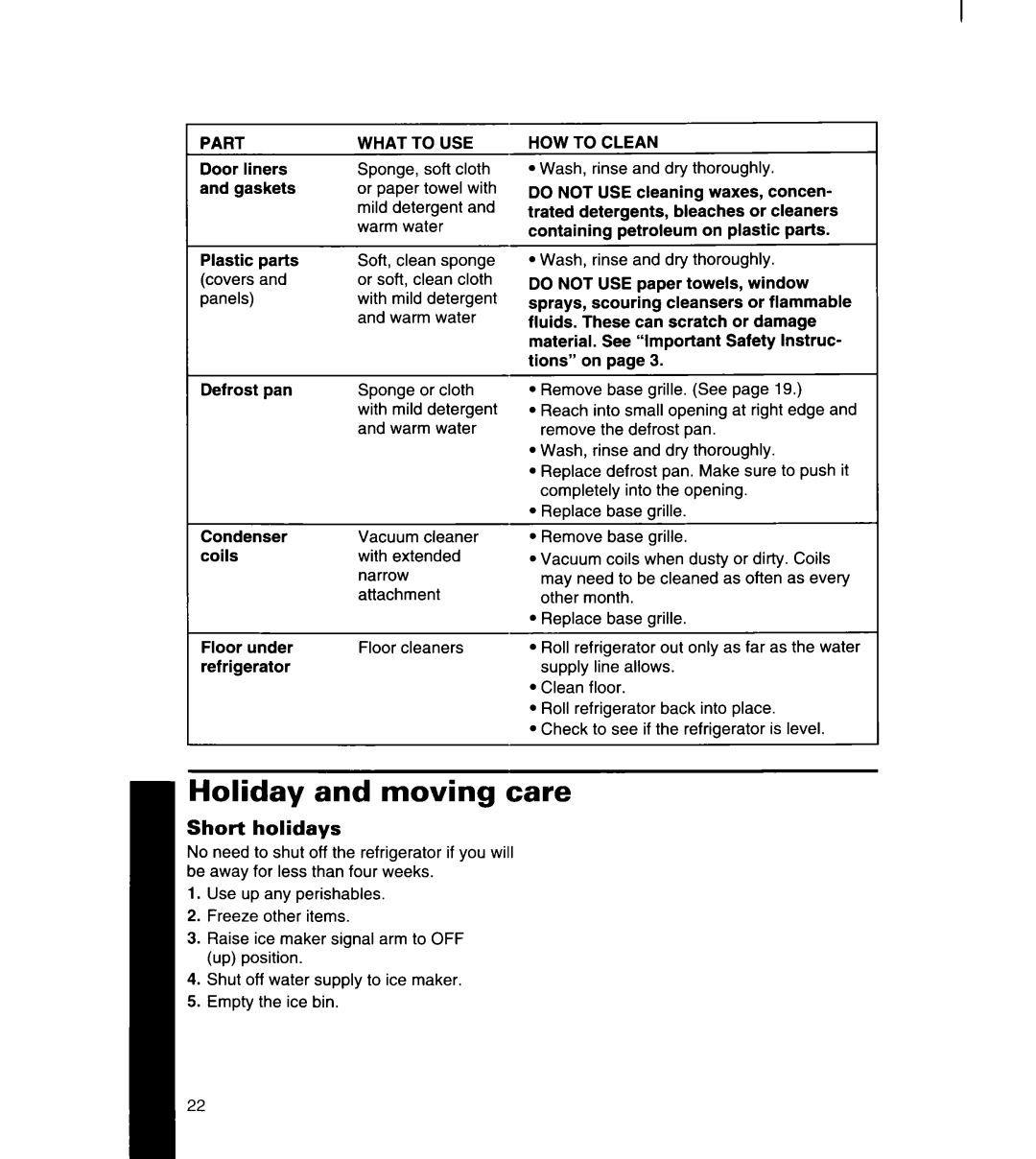 Whirlpool 3ED22DQ, 8ED22DQ, 8ED25DQ, 8ED27DQ Holiday and moving care, Short holidays, Part What to USE HOW to Clean, Do not 