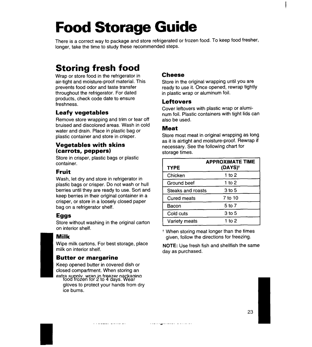 Whirlpool 8ED22DQ, 8ED25DQ, 8ED27DQ, 3ED22DQ, 3ED25DQ manual Food Storage Guide, Storing fresh food 