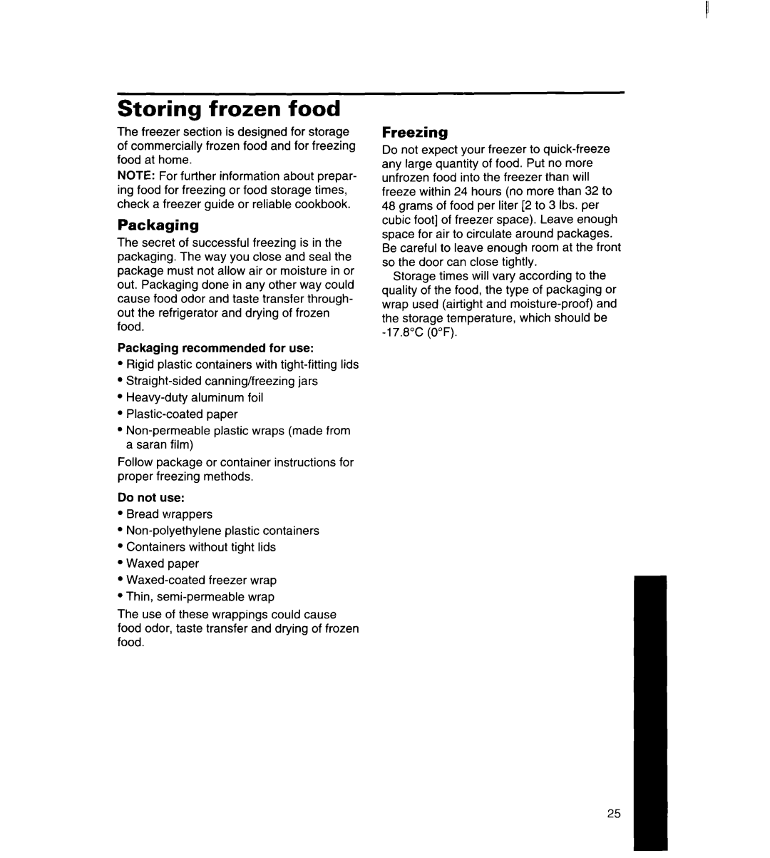 Whirlpool 8ED25DQ, 8ED22DQ, 8ED27DQ, 3ED22DQ, 3ED25DQ manual Storing frozen food, Packaging, Freezing 