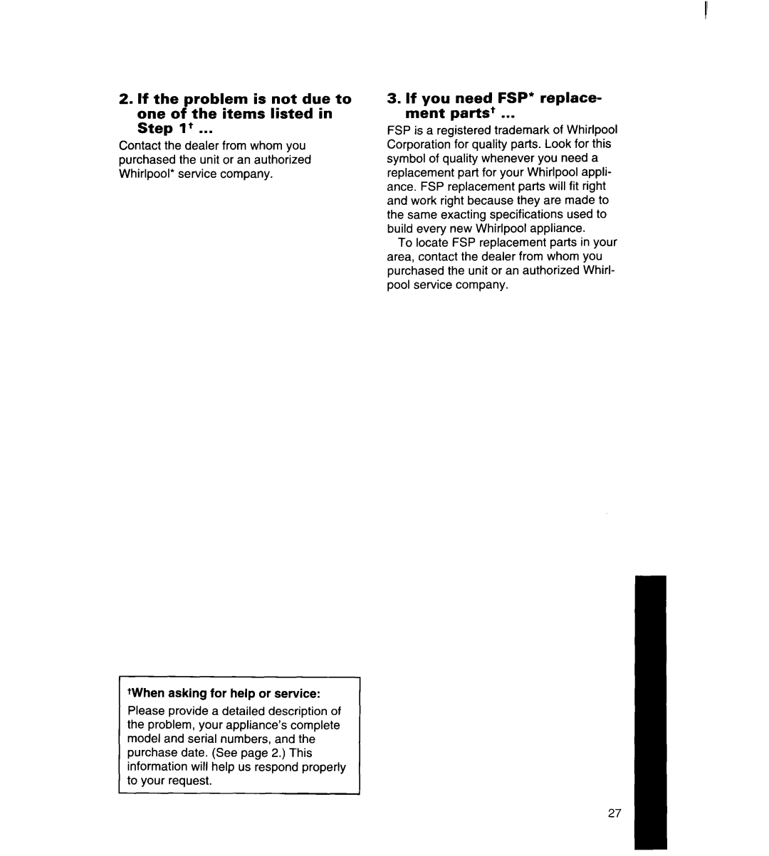 Whirlpool 3ED22DQ, 8ED22DQ, 8ED25DQ, 8ED27DQ, 3ED25DQ manual If you need FSP’ replace- ment parts+ 