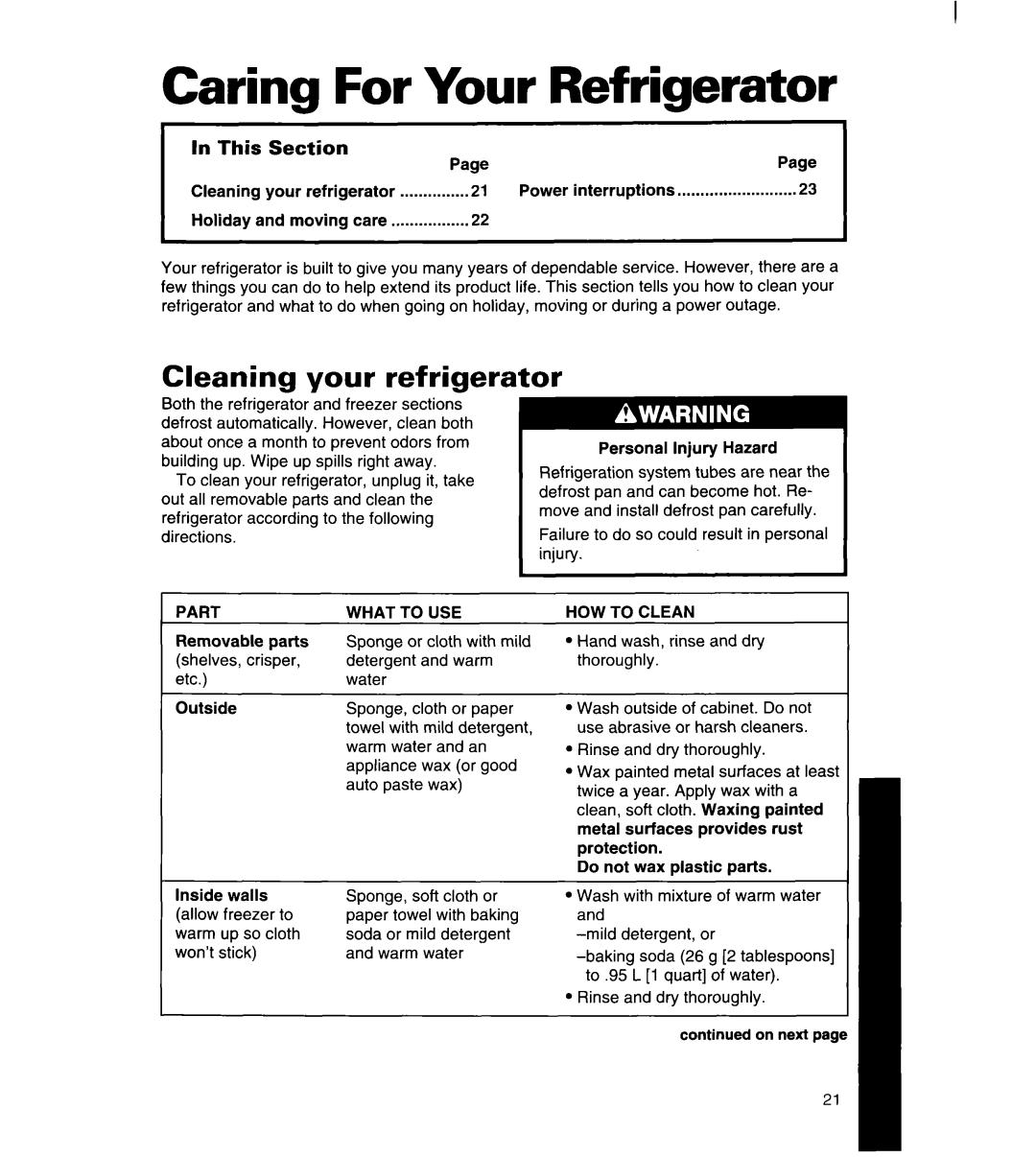 Whirlpool 8ED27DQ, 8ED22DQ, 8ED25DQ, 3ED22DQ manual Caring For Your Refrigerator, In This Section, Cleaning your refrigerator 