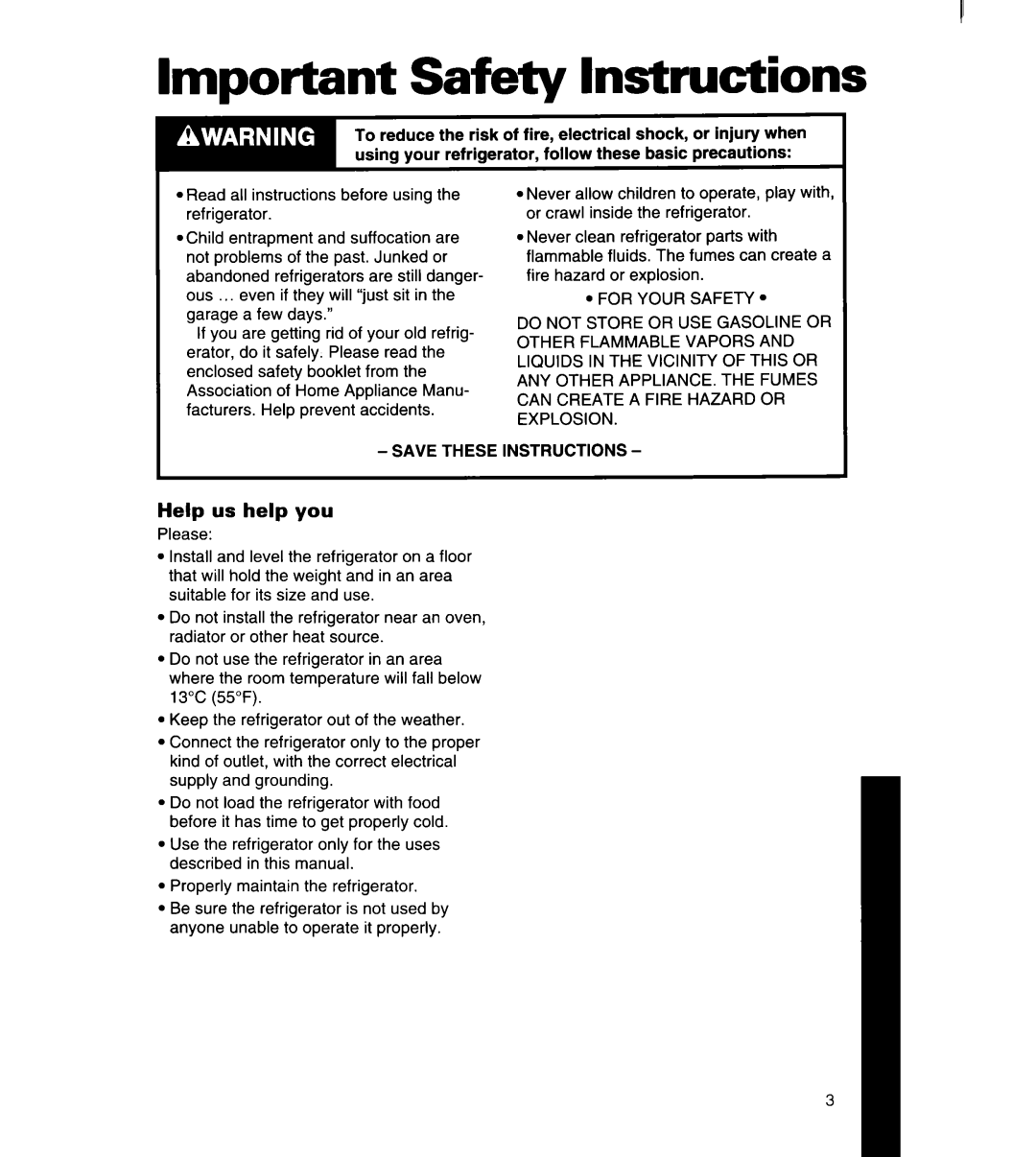 Whirlpool 3ED25DQ, 8ED22DQ, 8ED25DQ, 8ED27DQ, 3ED22DQ manual Important Safety Instructions, Help us help you 