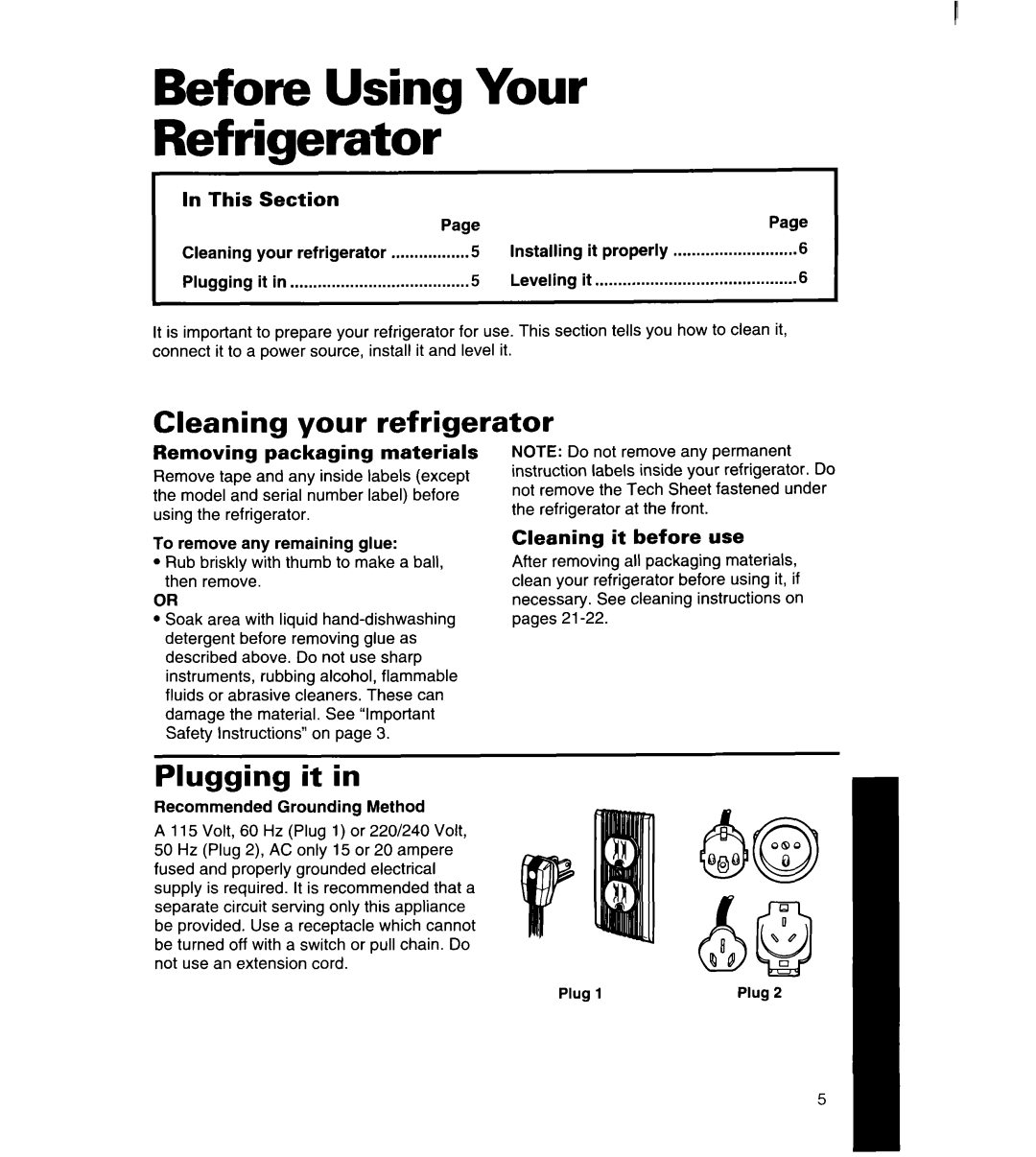 Whirlpool 8ED25DQ, 8ED22DQ Before Using Your Refrigerator, Cleaning your refrigerator, Plugging it in, In This, Section 