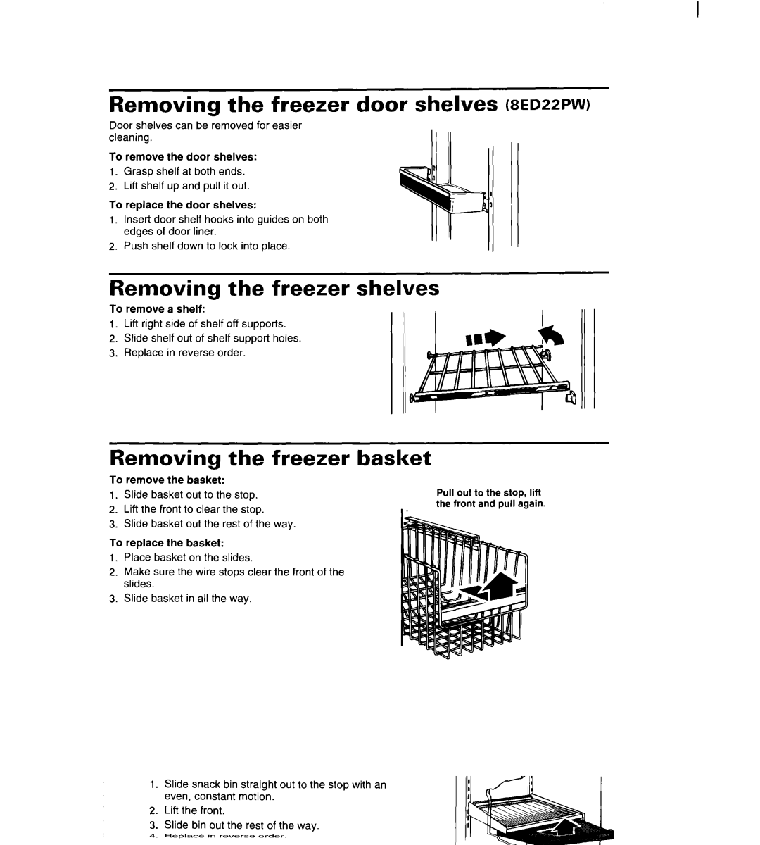 Whirlpool 8ED22PW manual Removing the freezer door shelves BED~~PW, Removing the freezer shelves, Removing Freezer Basket 