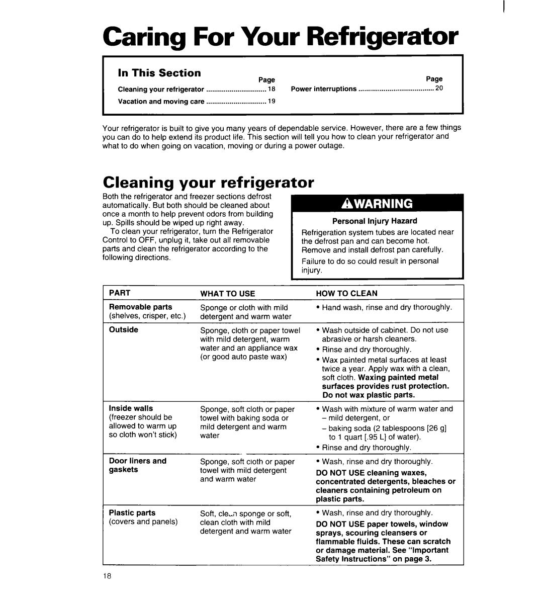 Whirlpool 8ED22PW manual Caring For Your Refrigerator, Cleaning your refrigerator, Part, What to USE, HOW to Clean 