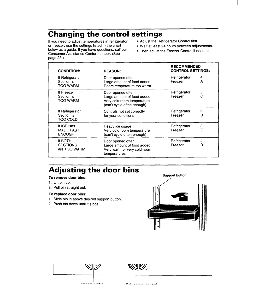 Whirlpool 8ED22PW manual Changing the control, Settings, Adjusting the door bins 