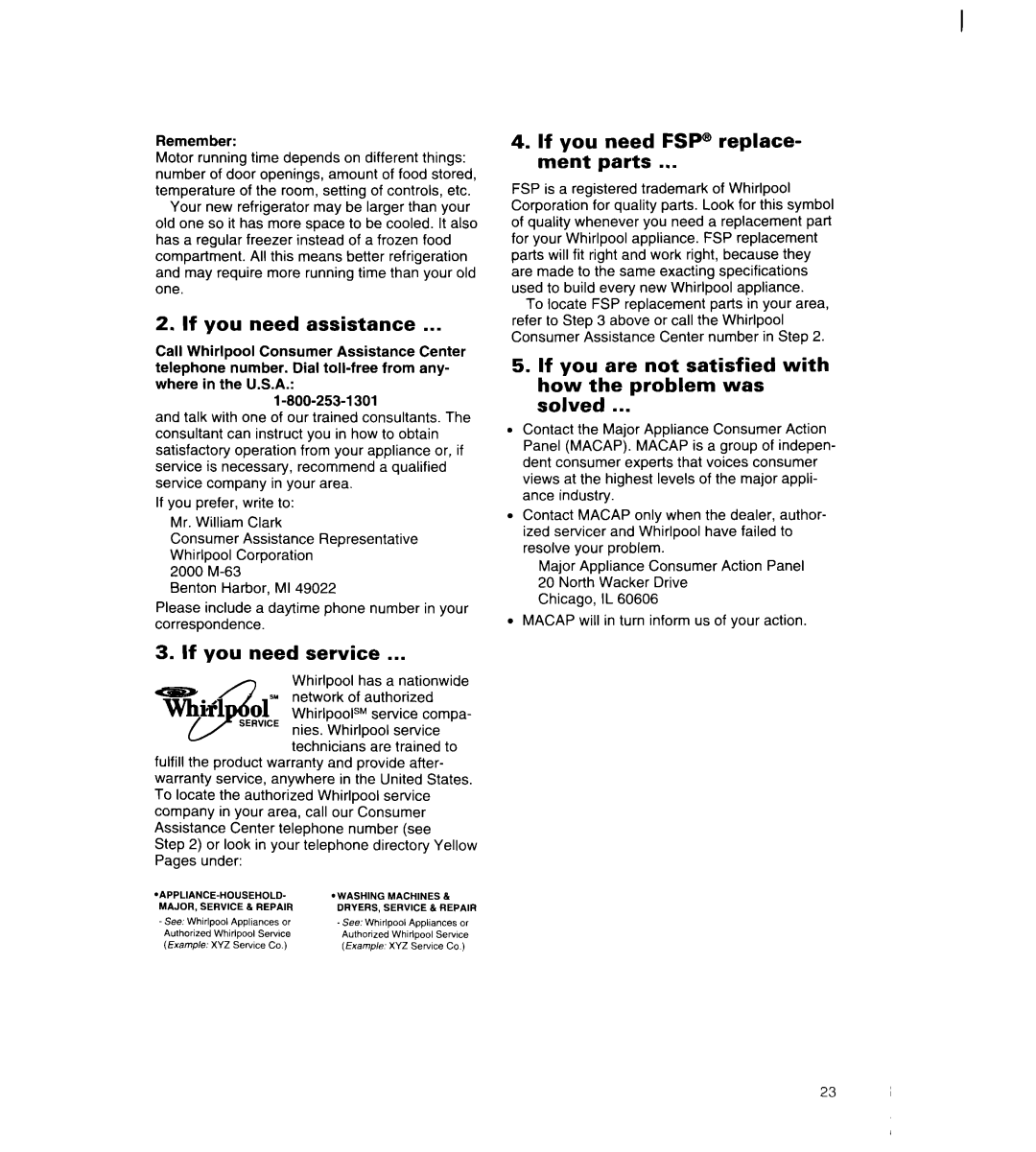 Whirlpool 8ED22PW manual If you need assistance, If you need service, If you need FSP@ replace- ment parts, TLfl 