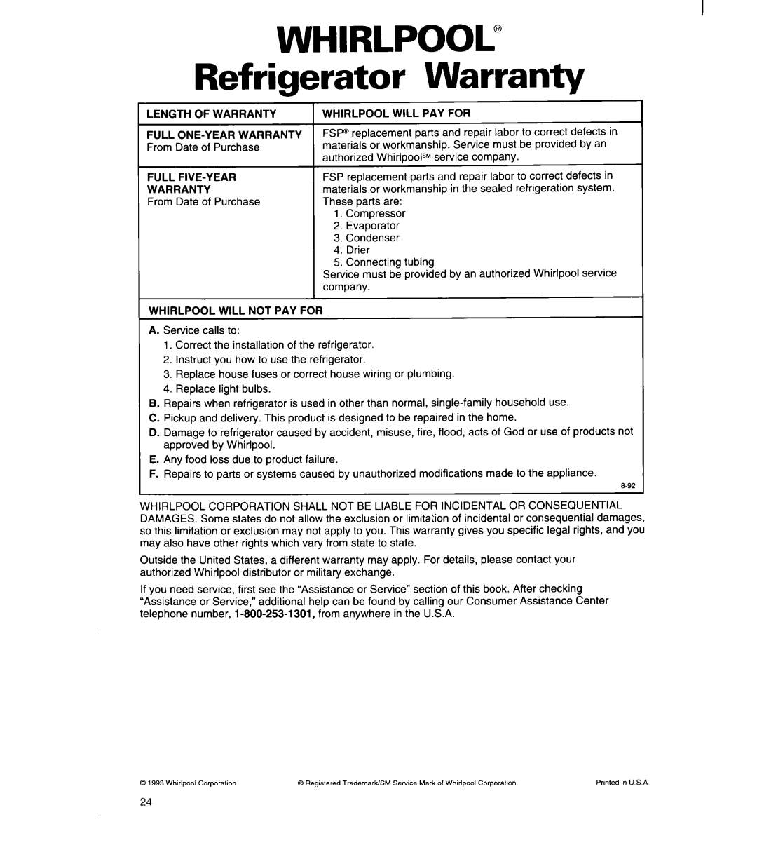 Whirlpool 8ED22PW manual WHIRLPOOL” Refrigerator Warranty 