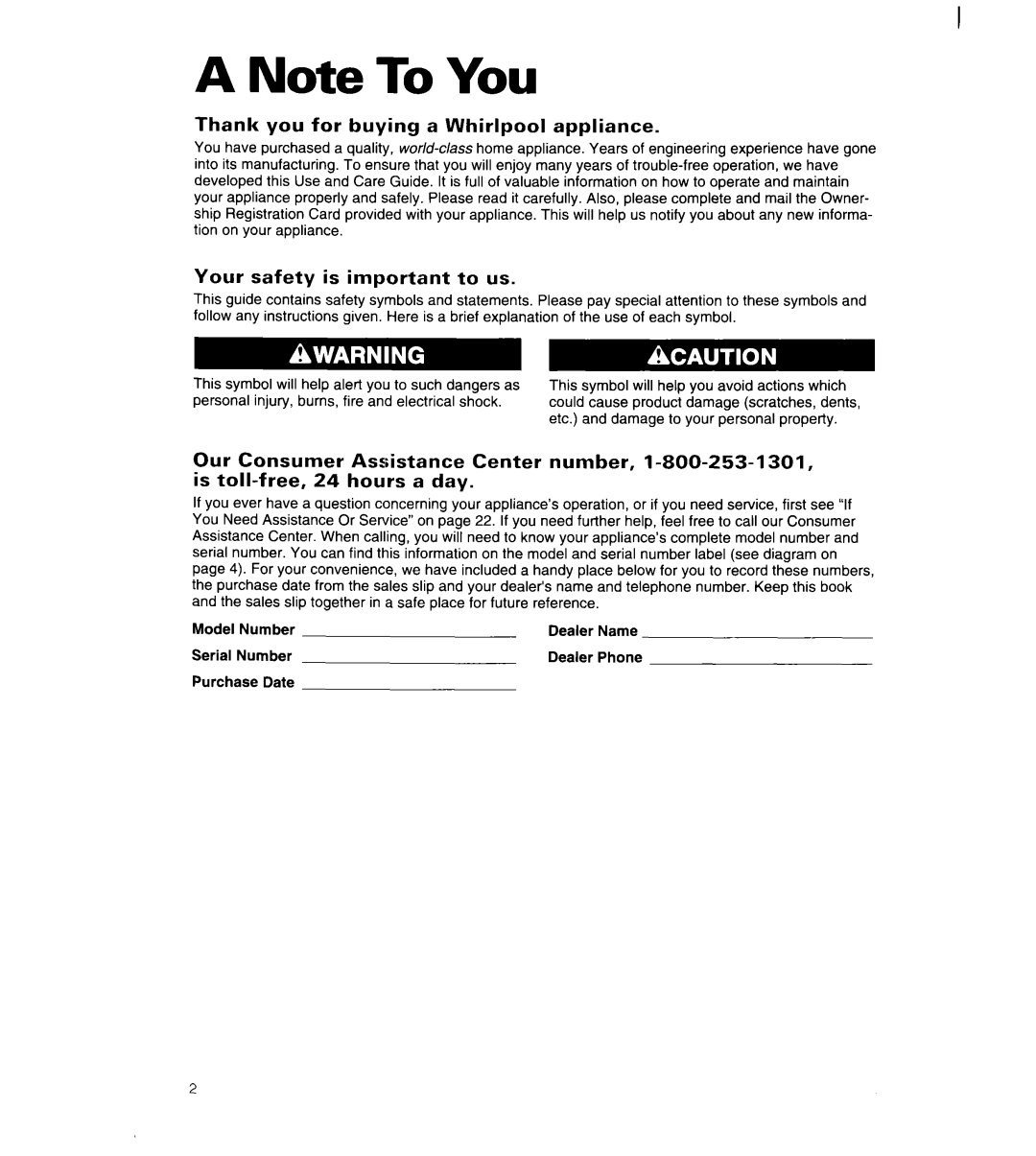 Whirlpool 8ED22PW manual A Note To You 