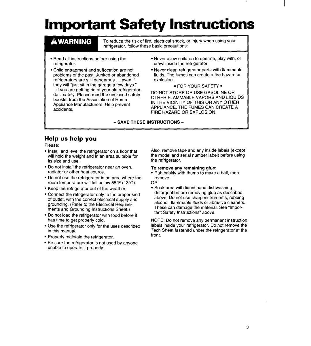 Whirlpool 8ED22PW manual ImDortant Safetv Instructions, Help us help you 