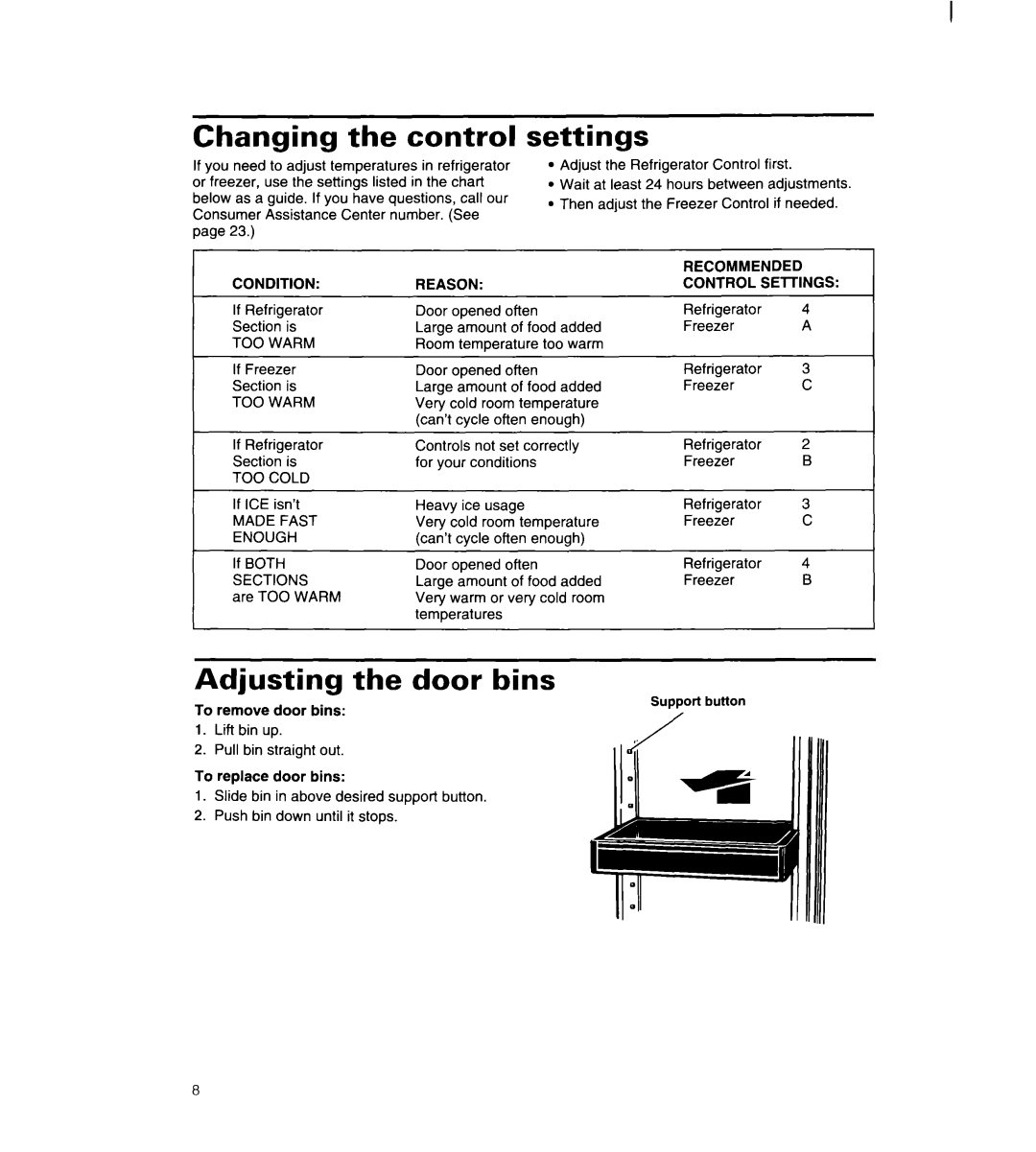 Whirlpool 8ED22PW manual Changing the control, settings, Adjusting the door bins 
