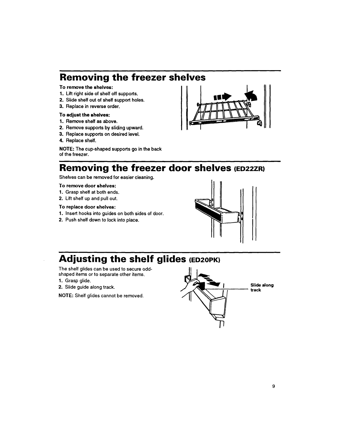 Whirlpool 8EDZOZK manual Removing the freezer shelves, Removing the freezer door shelves Edzzzr 