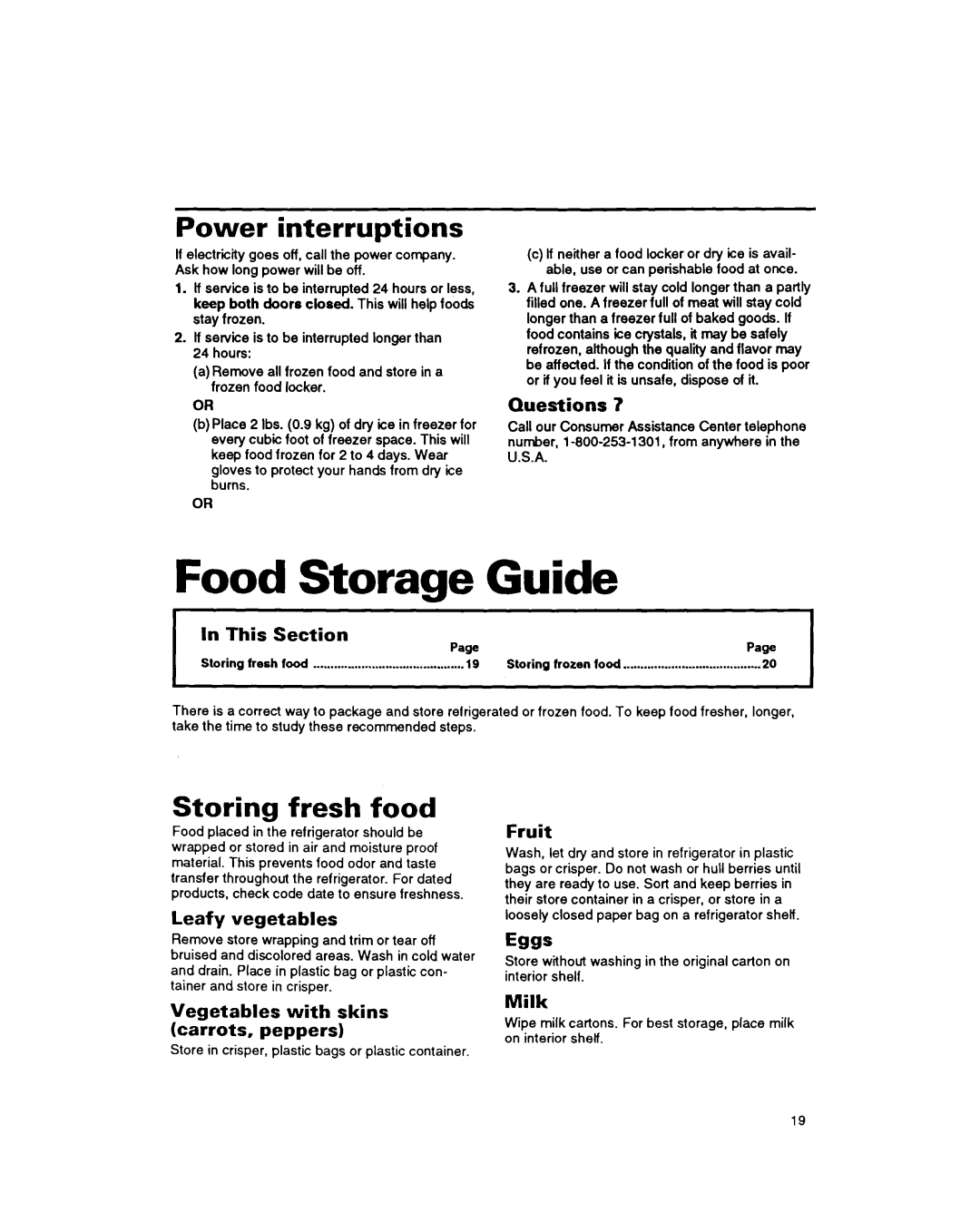 Whirlpool 8EDZOZK manual Food Storage Guide, Power interruptions, Storing fresh food 