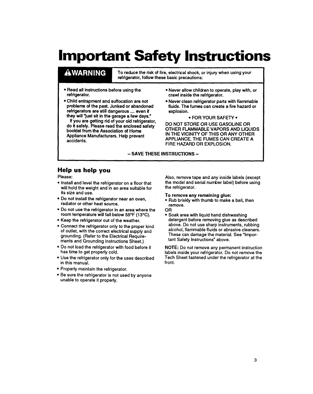 Whirlpool 8EDZOZK manual Lmnortant Safetv Instructions, Help us help you 