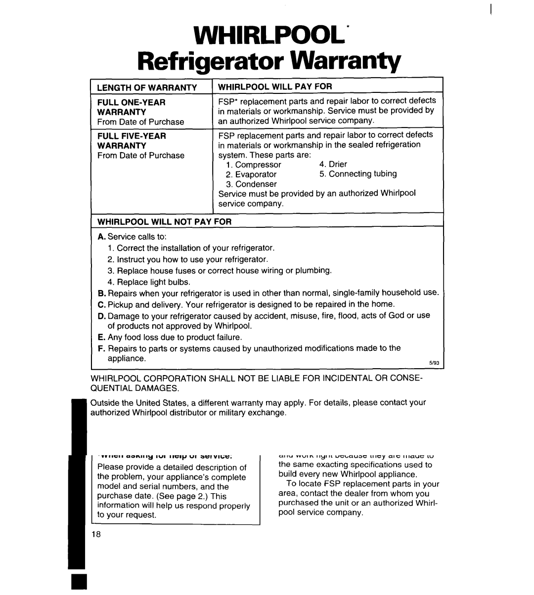 Whirlpool 8ET14GK, 3ET14GK Refrigerator Warranty, Length of Warranty, Whirlpool will PAY for, Whirlpool will not PAY for 