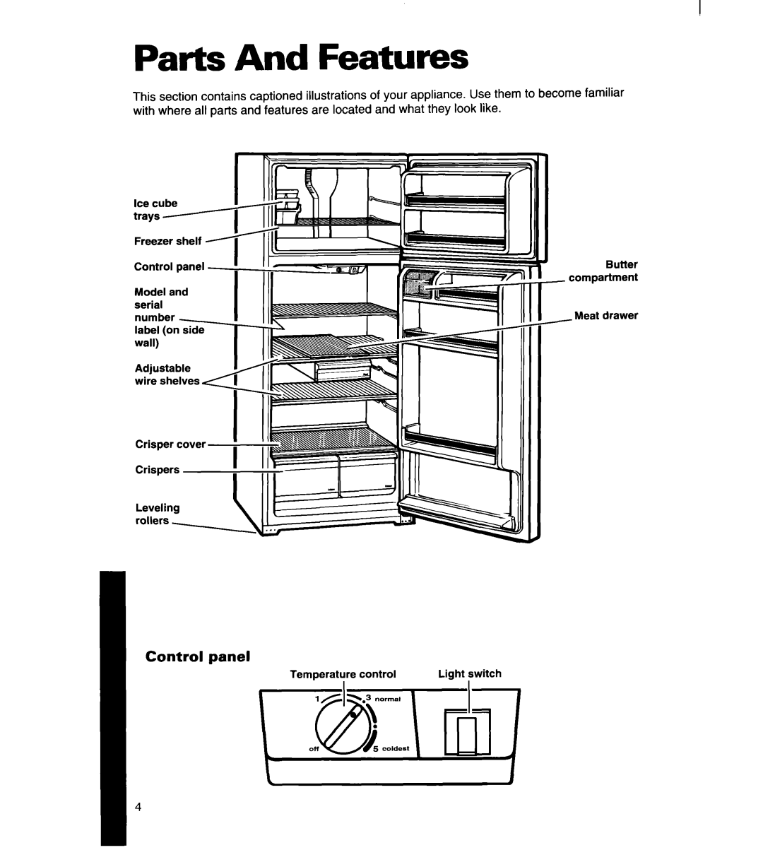 Whirlpool 3ET14GK, 8ET14GK manual Parts And Features, Control panel 