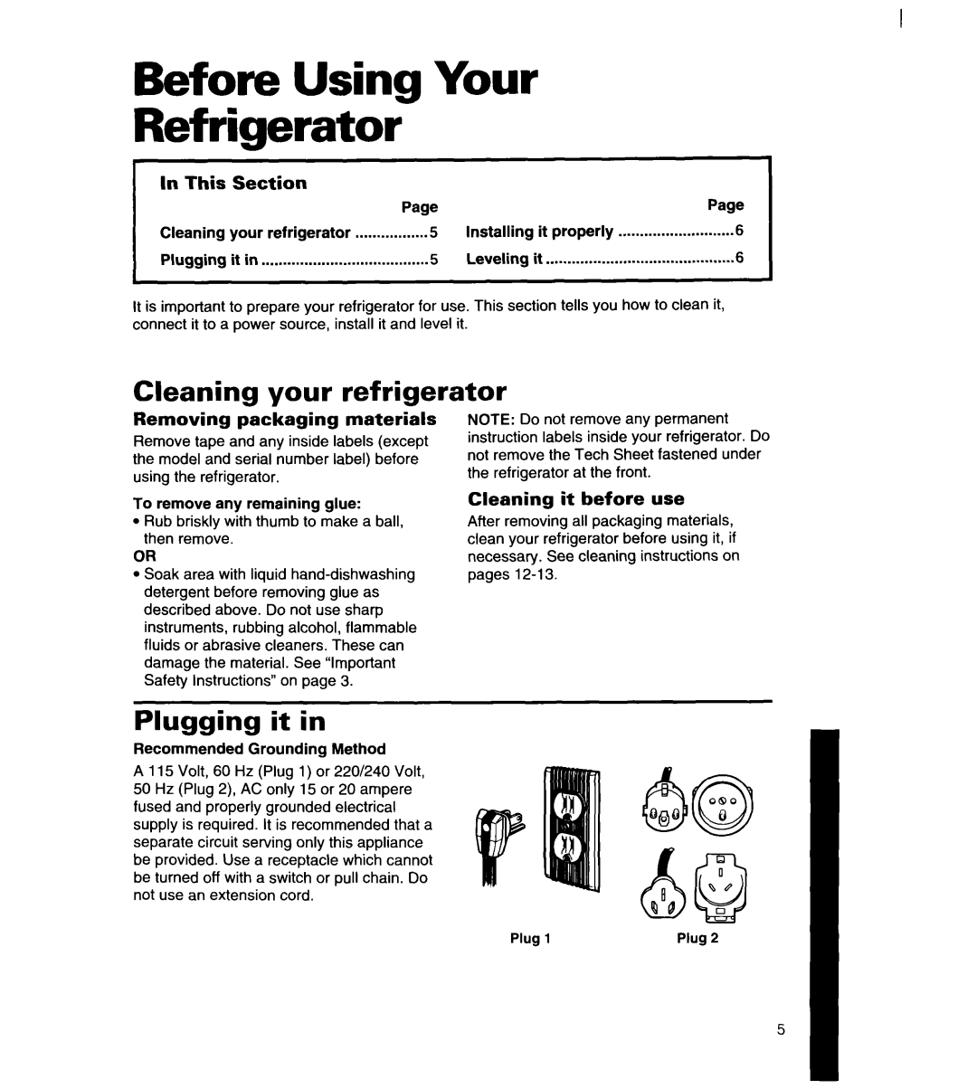 Whirlpool 8ET14GK, 3ET14GK manual Before Using Your Refrigerator, Cleaning your refrigerator, Plugging it 